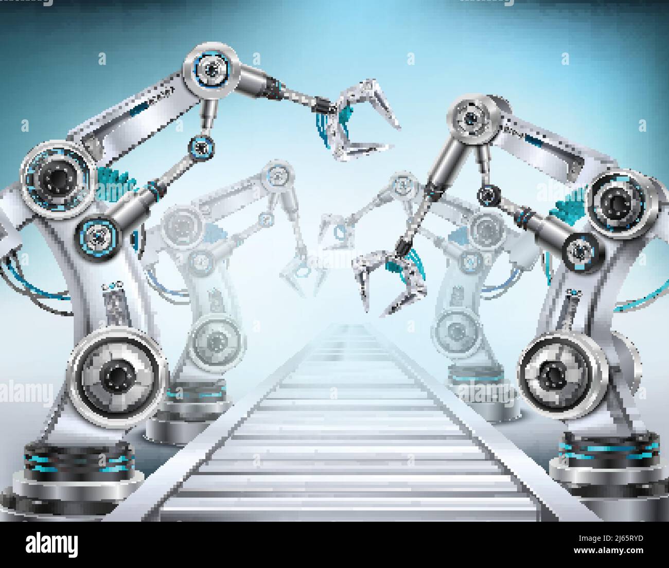 Vollautomatische Produktionslinie Fördersystem mit Roboterarmen ausgestattet Realistische isometrische Komposition Licht Hintergrund Vektor Illustration Stock Vektor