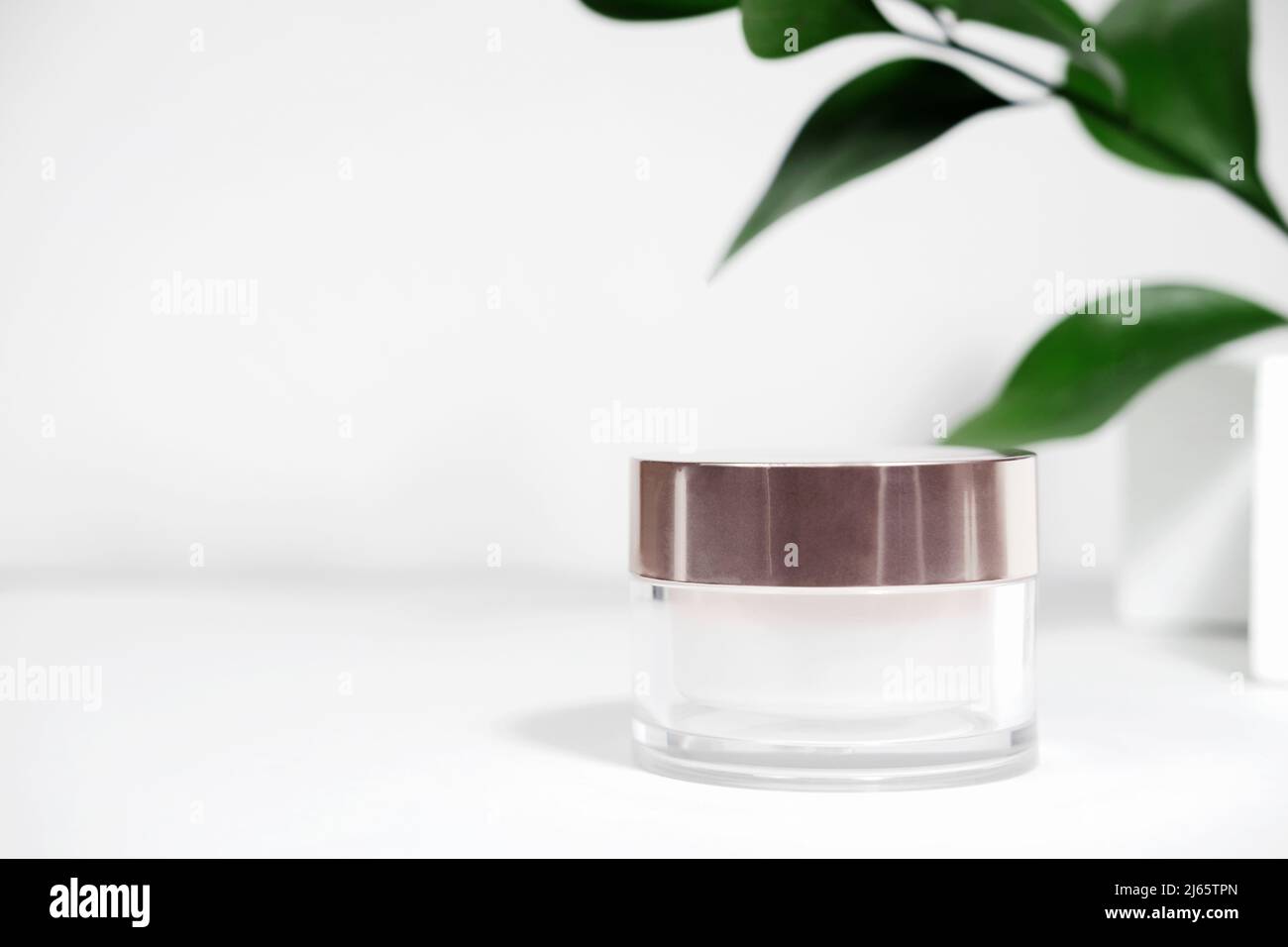 Ein weißes Glas Creme auf einem weiß-grauen Hintergrund, auf einem weißen Tisch mit grünen Blättern einer tropischen Pflanze, mit harten Schatten. Stilvoller Look von Th Stockfoto