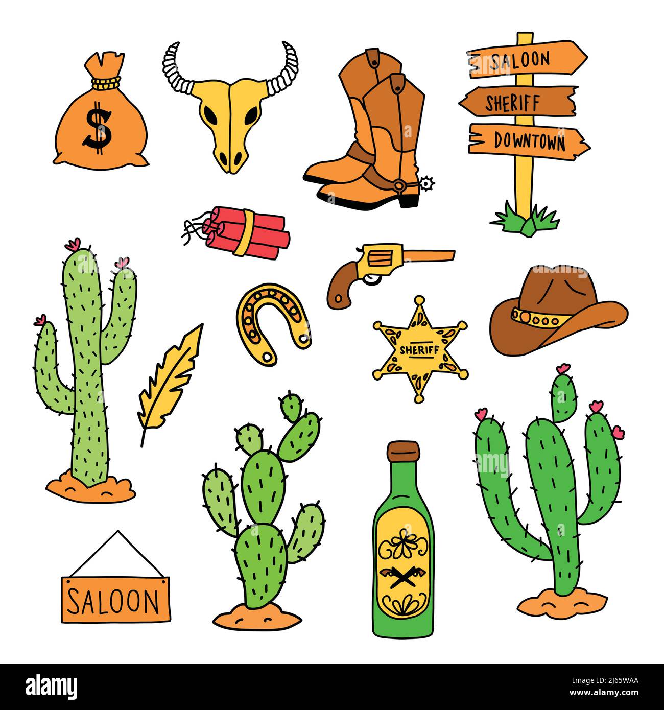 Wild West-Vektor-Symbolsatz. Cowboystiefel, hengst, Getränk, Dynamit, Sheriff-Sternabzeichen, Geld isolierte Objekte. Wild West Illustration Design für Dekor Stock Vektor