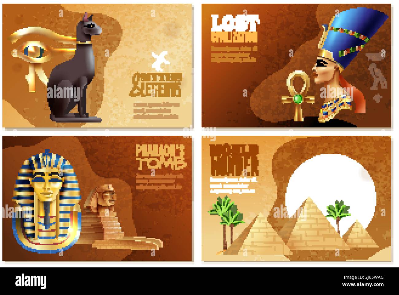 Ägypten Banner Satz von Pharaonen Grab Welt Wunder verlorene Zivilisation Mythen und Legenden Cartoon Kompositionen Vektor Illustration Stock Vektor
