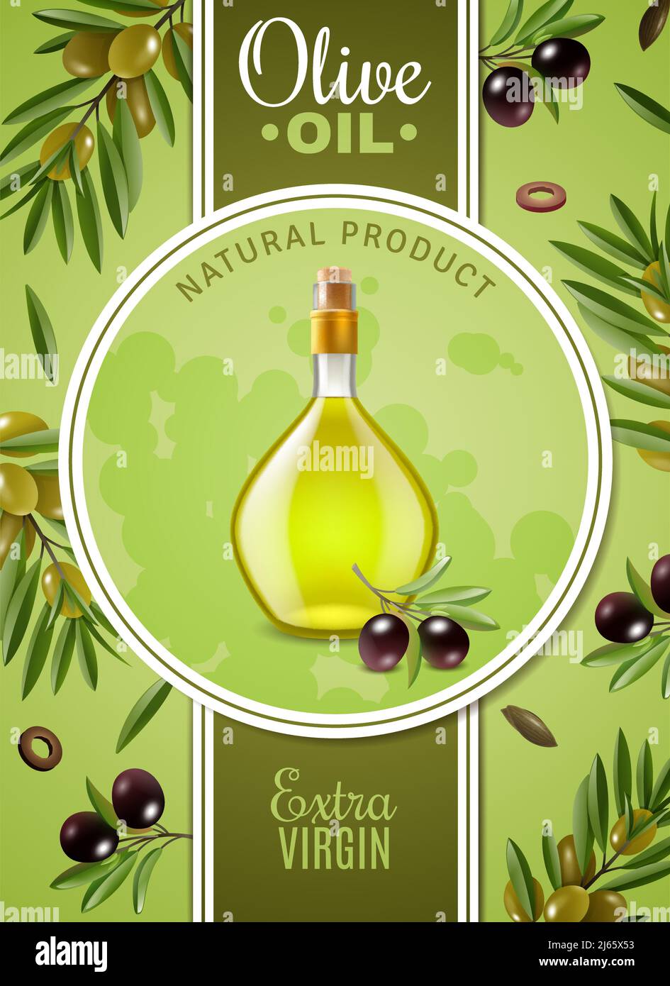Extra natives Olivenöl Poster mit Werbung für Naturprodukt Und Glasflasche mit Korkstopfen realistische Vektordarstellung Stock Vektor