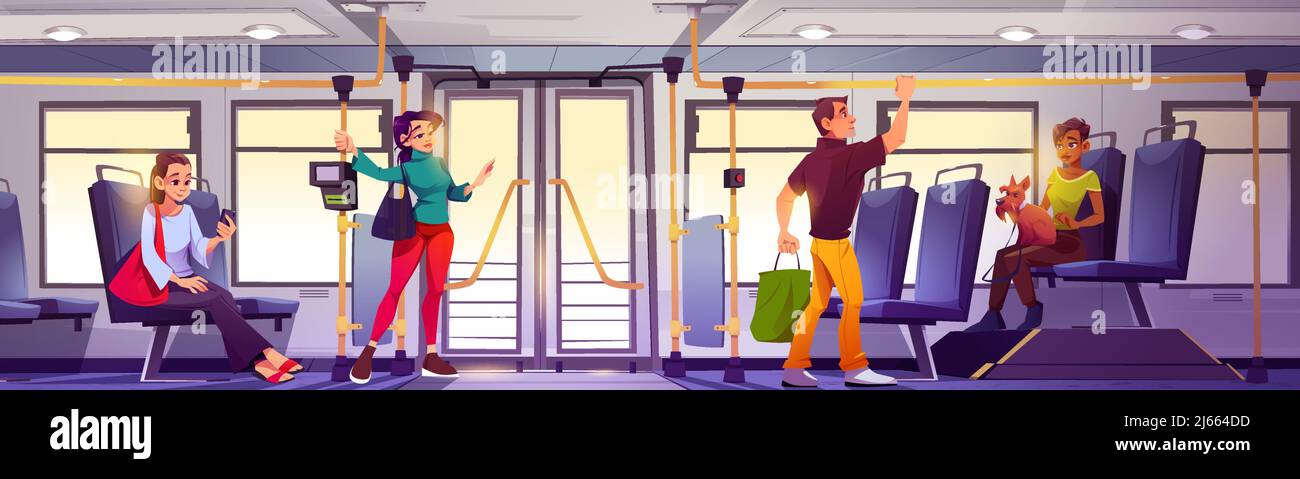 Menschen im Businnenraum, Passagiere Männer und Frauen mit Gepäck, Smartphones oder Haustiere sitzen und stehen in modernen Stadt Pendlerverkehr Salon mit POS Begriff Stock Vektor