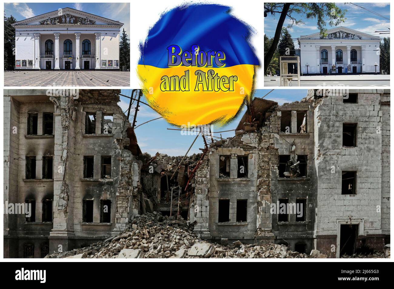 Das Mariupol-Theater, wie es war und wie es durch die Bomben der Russischen Föderation im Ukraine-Krieg von 2022 zerstört wurde - Stockfoto