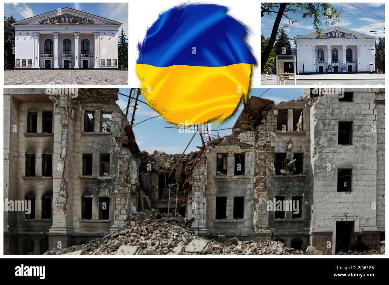 Das Mariupol-Theater, wie es war und wie es durch die Bomben der Russischen Föderation im Ukraine-Krieg von 2022 zerstört wurde - Stockfoto