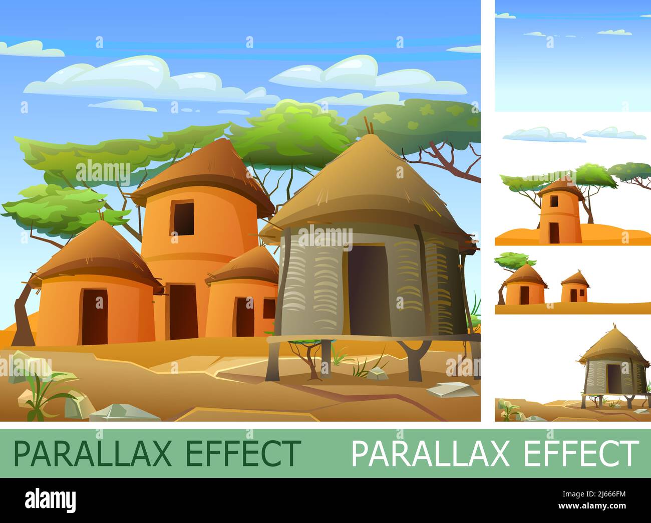Afrika Dorf mit Parallax Effekt. Ländliche Häuser aus Lehm und Stroh. Afrikanische Landschaft. Felsige Wüste und blauer Himmel. Akazienbäume. Vektor Stock Vektor