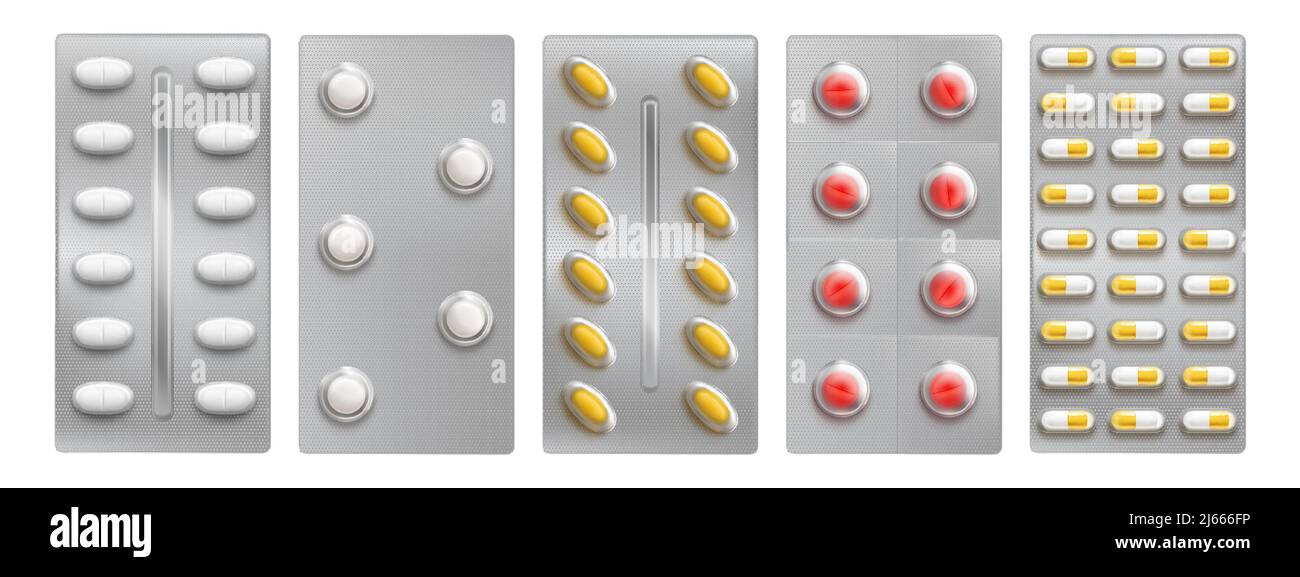 Pillenblasen, Medikamententabletten und Kapseln verpackt isolierte Nachbildung. Medizinisches Schmerzmittel, Verhütung, Antibiotika, Vitamin-Mittel-Pakete Design el Stock Vektor