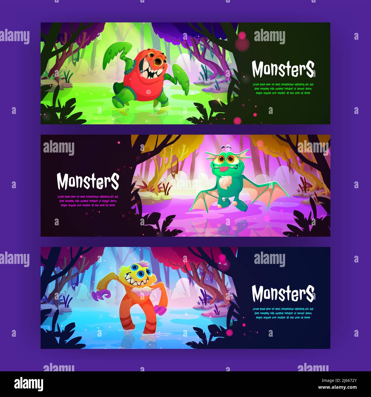 Monster Poster mit niedlichen fremden Tieren in Waldsumpf. Vektor-horizontales Banner mit Cartoon-Fantasy-Illustration von magischen Wäldern Landschaft und Fant Stock Vektor