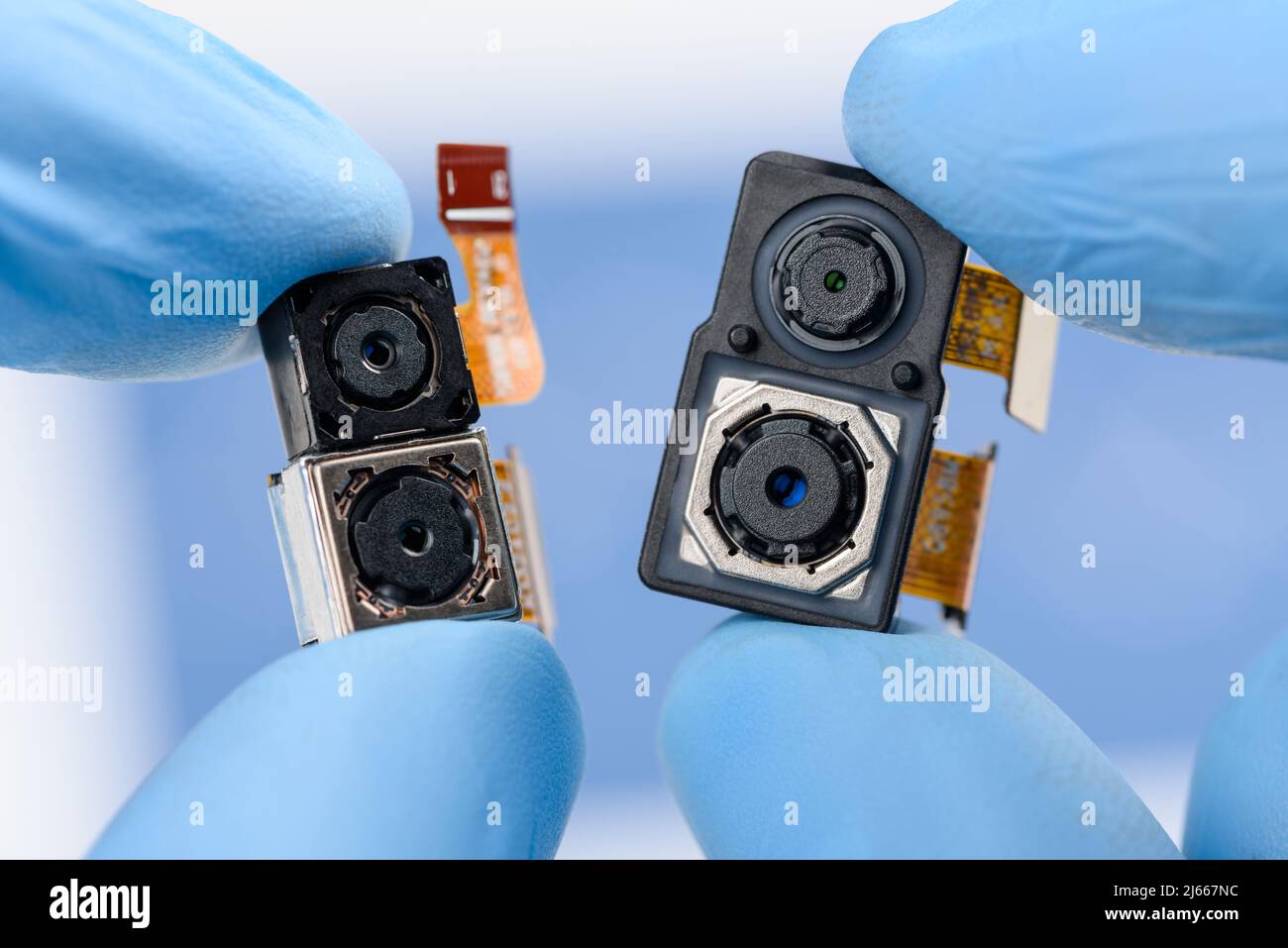 Smartphone-Module mit ein- und zwei Kameras in wissenschaftlichen Händen. Unterschiedliche Sensorgrößen und Technologie verwendet. Stockfoto