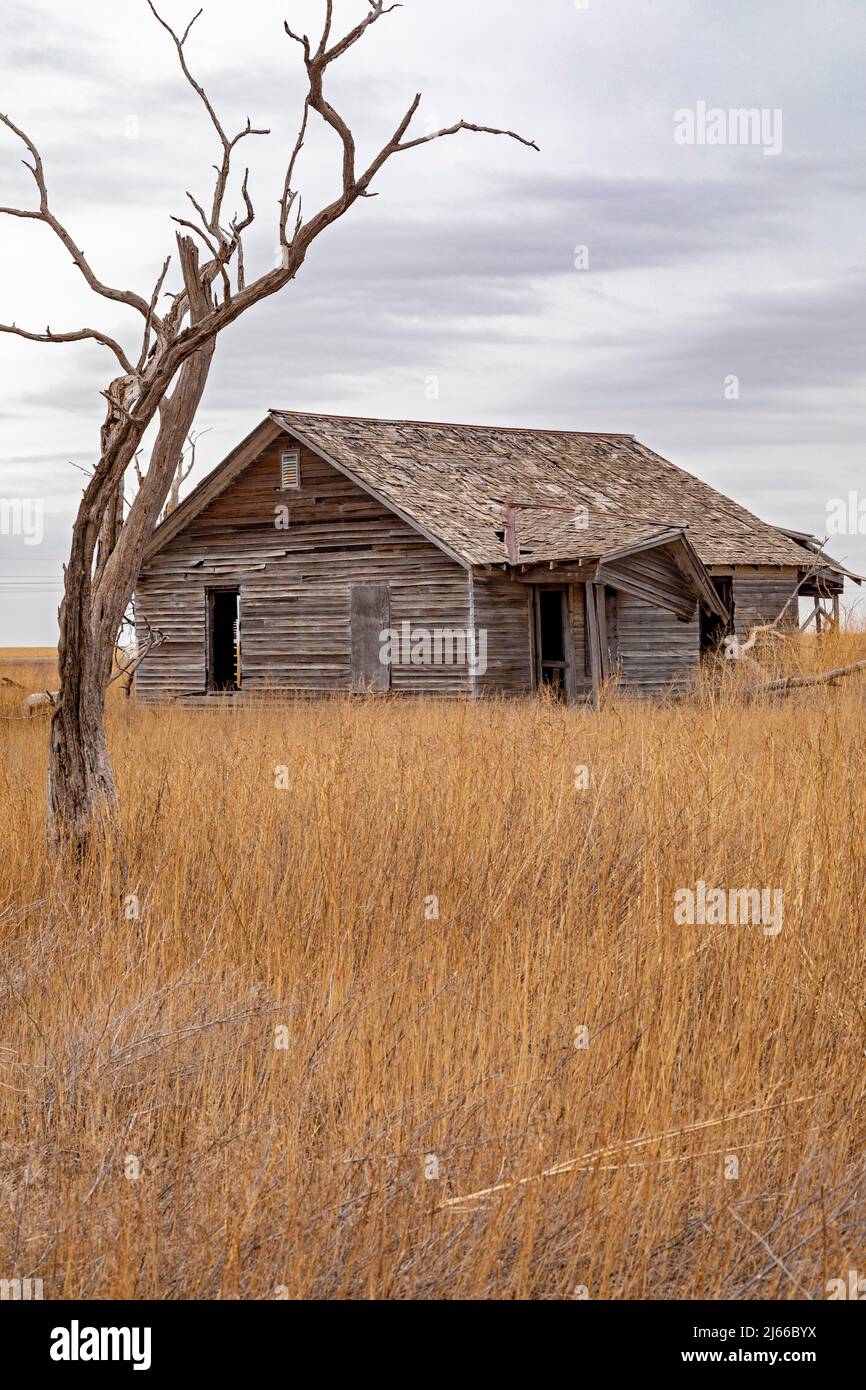 Garden City, Kansas - ein verlassenes Haus auf einem Bauernhof im Südwesten von Kansas im späten Winter. Stockfoto
