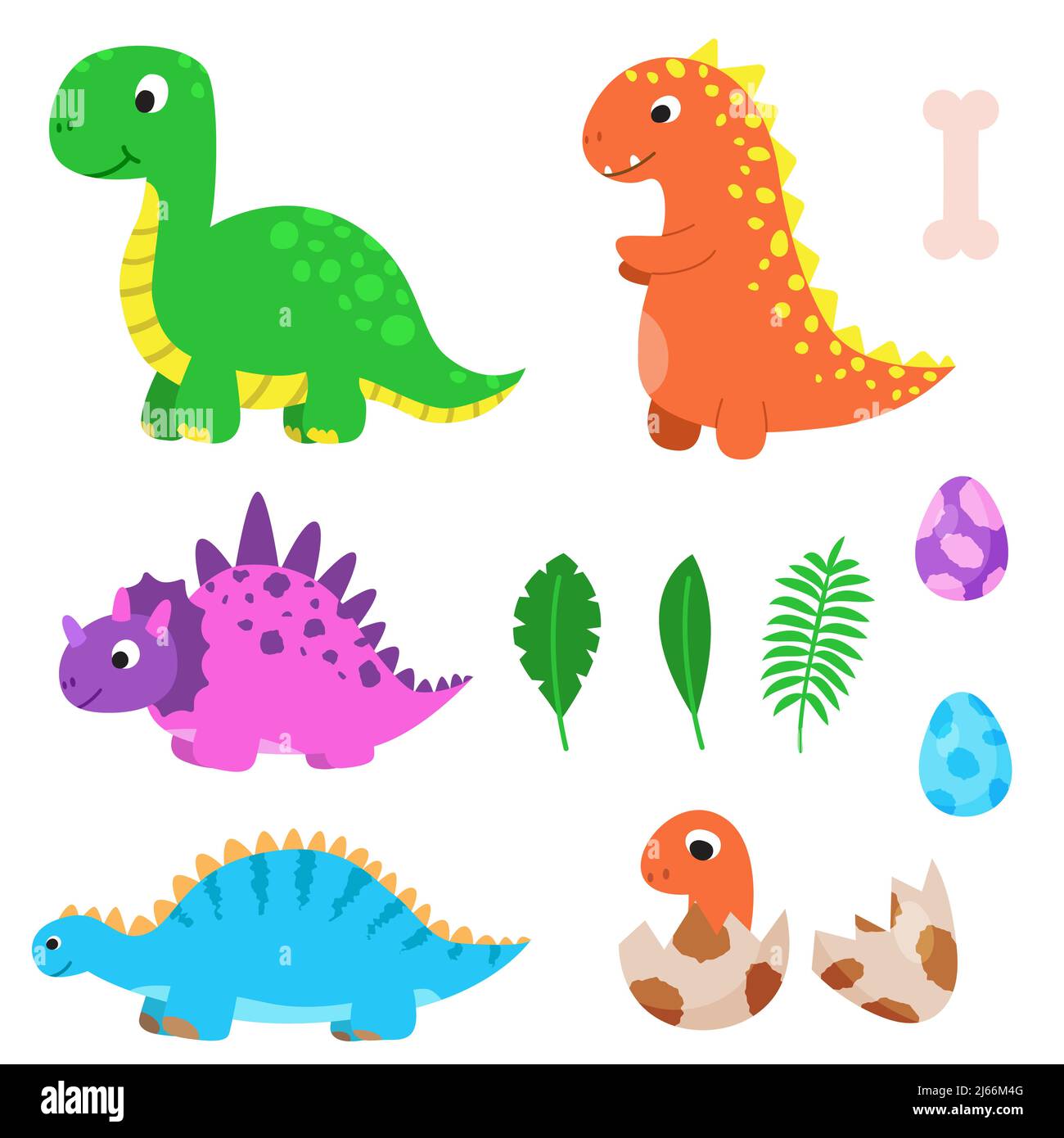 Große Reihe von lustigen Cartoon-Dinosaurier, niedliche Illustration in flachen Stil. 4 farbenfrohe Dinos, Baby, Eier und Palmblätter. Farbenfroher Druck für Kleidung, Bücher Stock Vektor