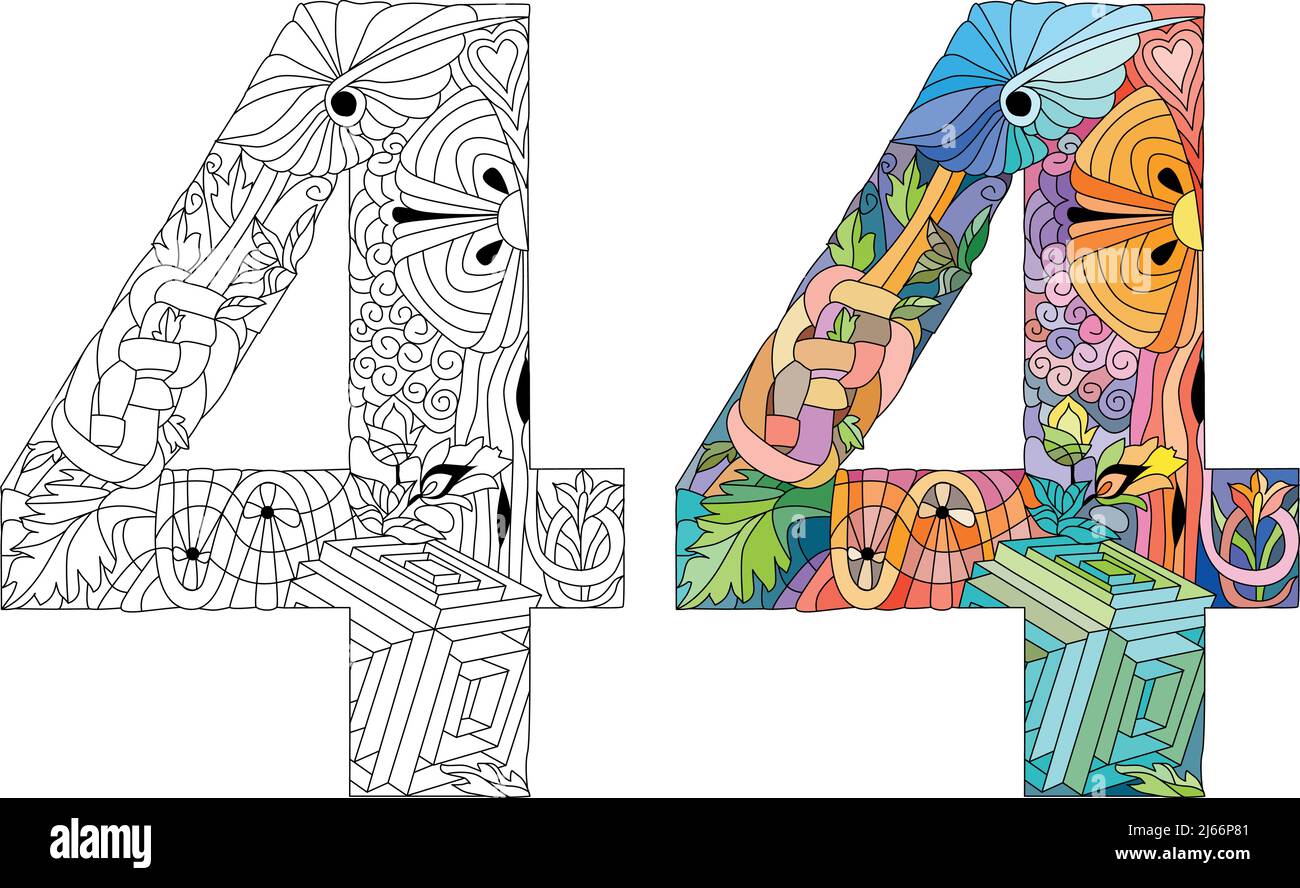 Vier Zahlen isoliert zentangle Illustration für die Färbung. Farb- und Umrissset Stock Vektor