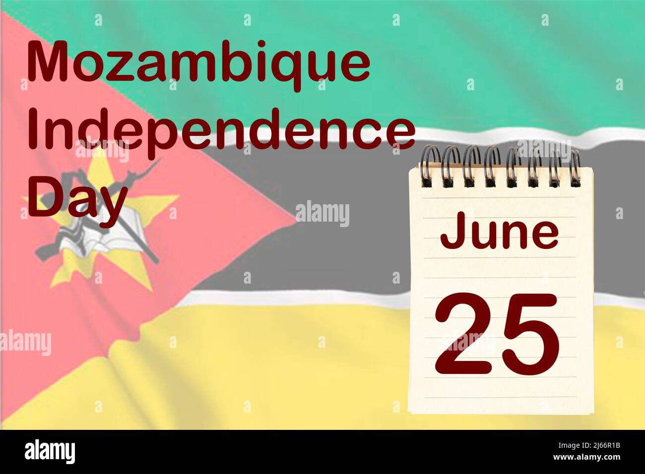 Die Feier des Unabhängigkeitstages von Mosambik mit der Flagge und dem Kalender, der den 25. Juni anzeigt Stockfoto