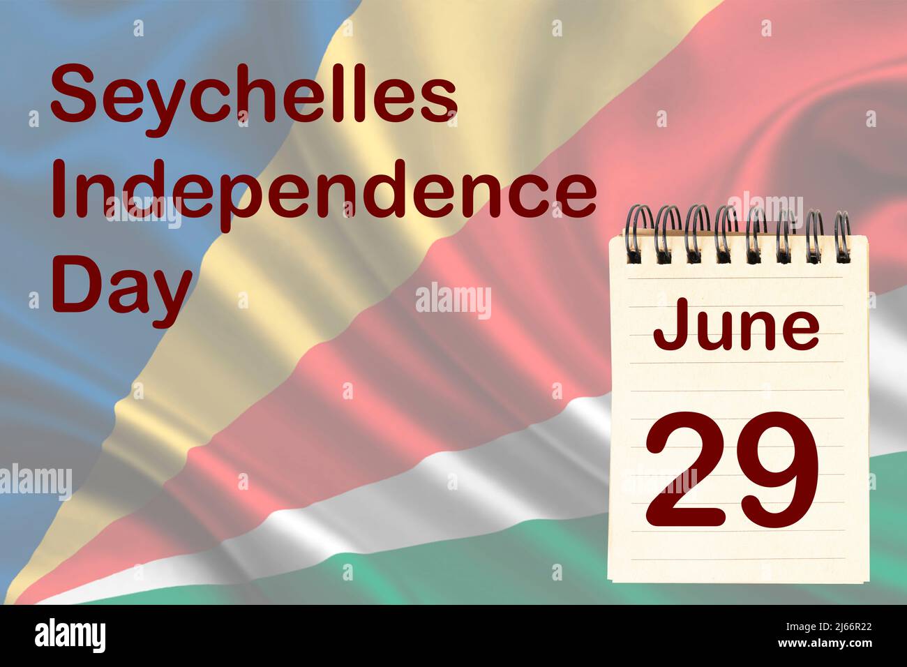 Die Feier des Unabhängigkeitstages der Seychellen mit der Flagge und dem Kalender, der den 29. Juni anzeigt Stockfoto