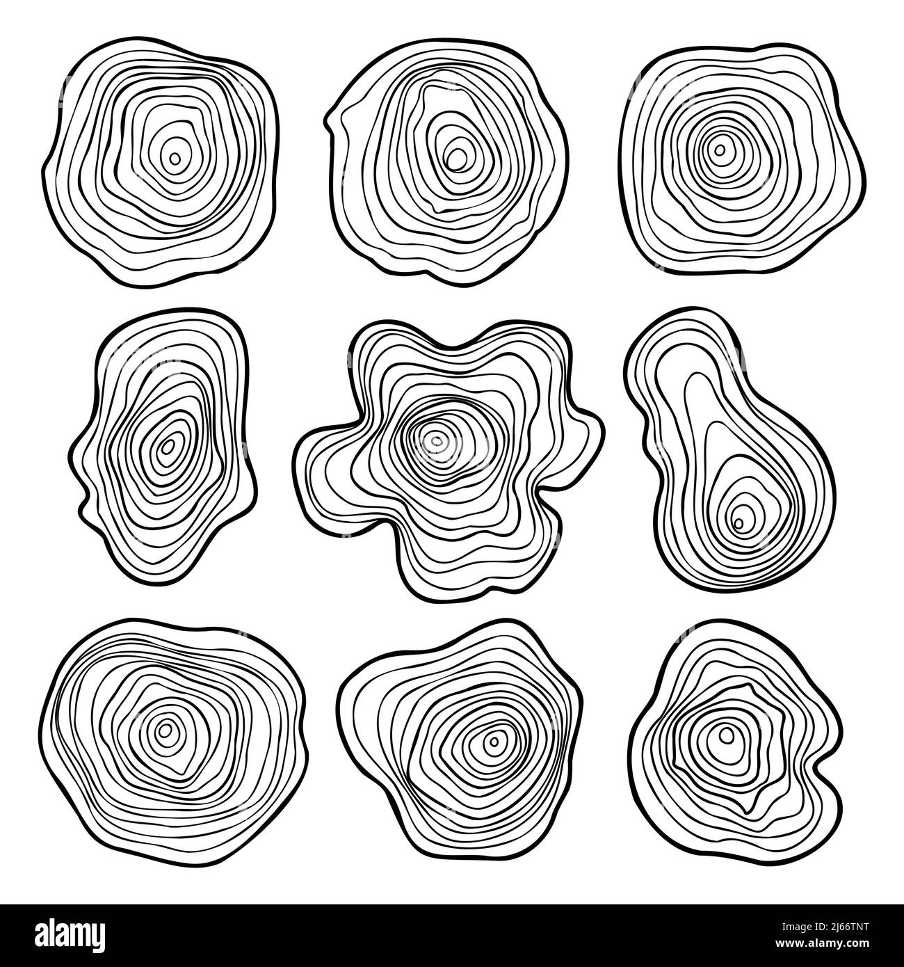 Schnitt von Baumstamm, abstrakter Baumringsatz, wellige Lebensringe, konzentrische handgezeichnete Kreise, Holzzeit, Druckvektorillustration Stock Vektor