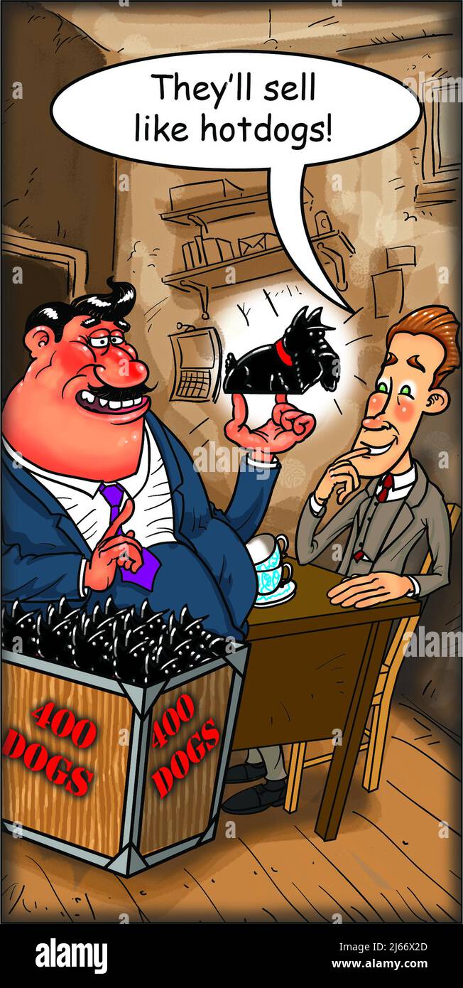 Cartoon-Kunst illustriert humorvolle Darstellung der englischen populären Sprichwort, dass sie sich wie Hot Dogs verkaufen, was bedeutet, dass sich jedes Produkt, das sich schnell wie ein Fairground Hotdog verkauft Stockfoto