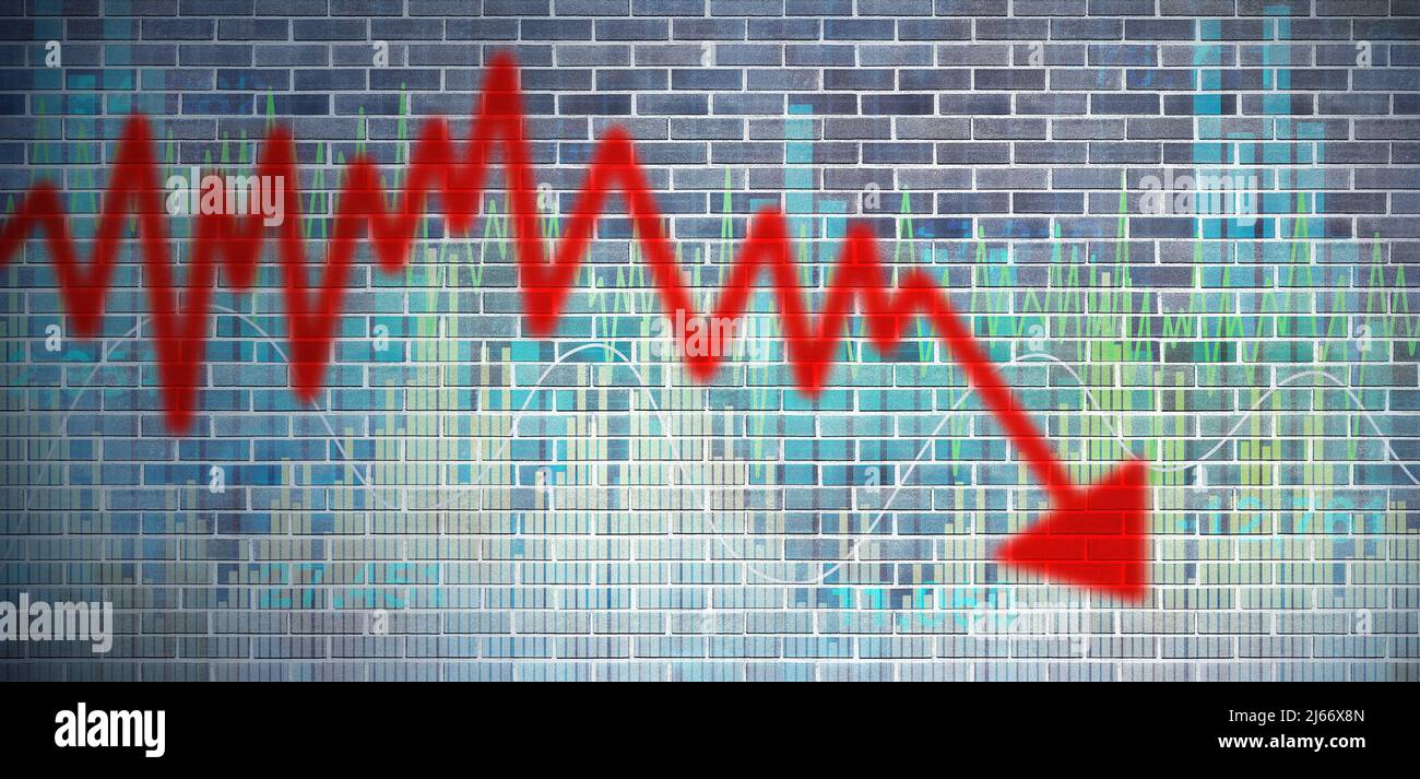 Makroökonomisches und wirtschaftliches Konzept der Rezession mit negativen Indikatoren für das Wirtschaftswachstum als Finanzkrisendiagramm an den Aktienmärkten mit einem gemalten. Stockfoto