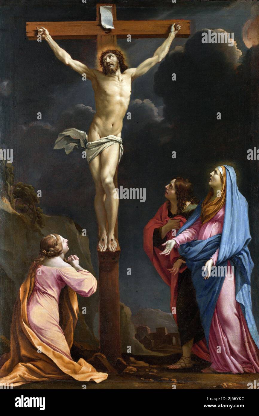 Christus am Kreuz mit der Magdalena, der Jungfrau Maria und dem heiligen Johannes dem Evangelisten von Eustache Le Sueur (1617-1655), Öl auf Leinwand, 1643 Stockfoto