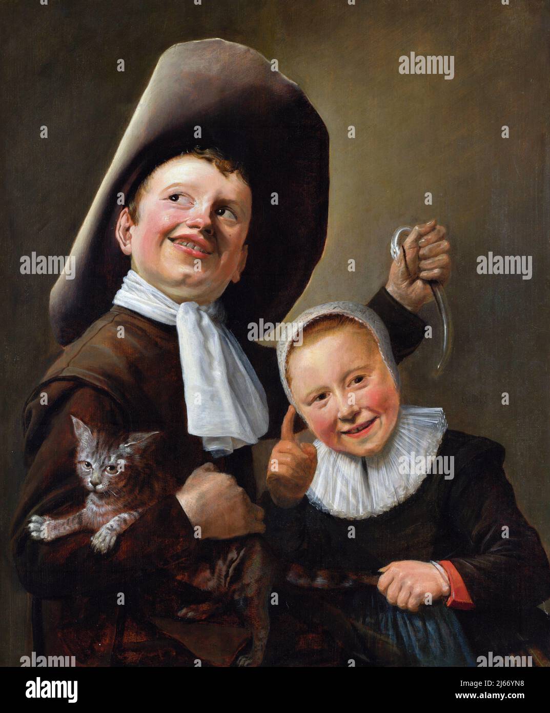 Ein Junge und ein Mädchen mit einer Katze und einem Eel von der niederländischen Malerin des Goldenen Zeitalters, Judith Leyster (ebenfalls Leijster; 1609-1660), Öl auf Eiche, 1635 Stockfoto