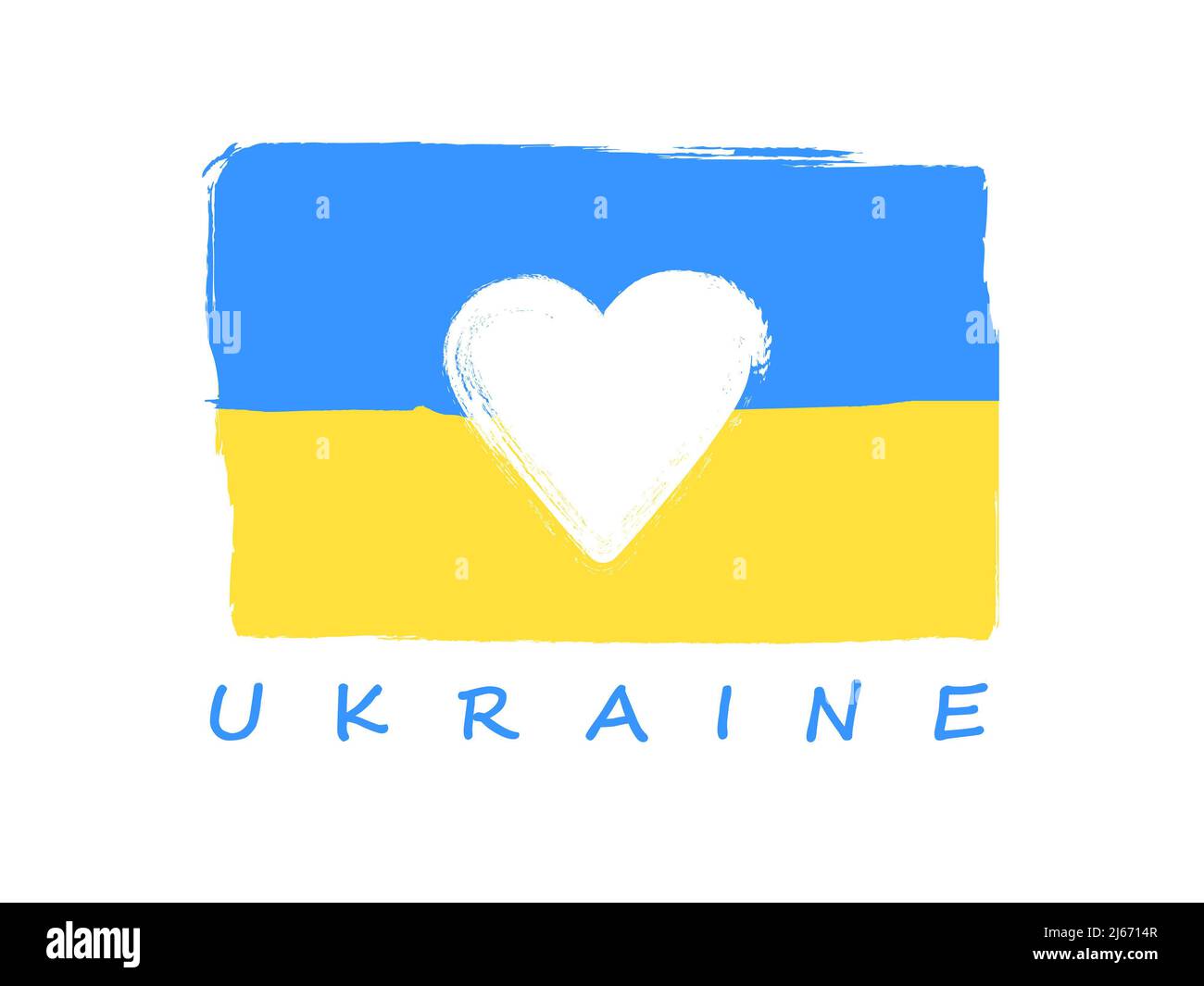 Ukrainische Flagge mit Herzform darin und unterstützen Ukraine Zeichen. Vektorgrafik. Stockfoto