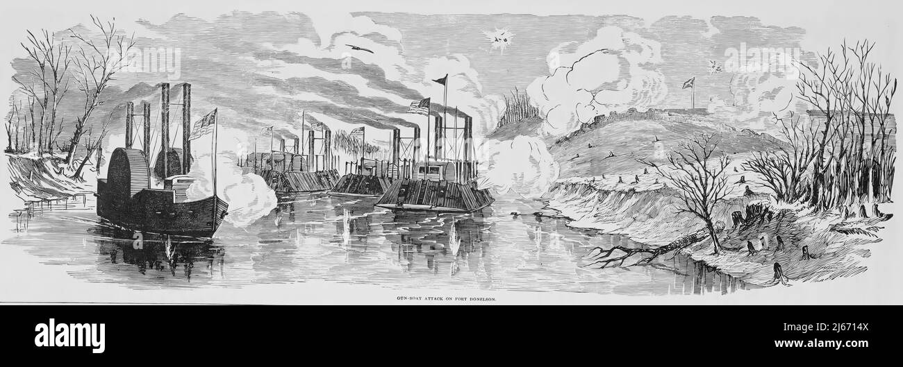 Gewehrboot-Angriff auf Fort Donelson, Februar 1862, im amerikanischen Bürgerkrieg. 19.-Jahrhundert-Illustration Stockfoto