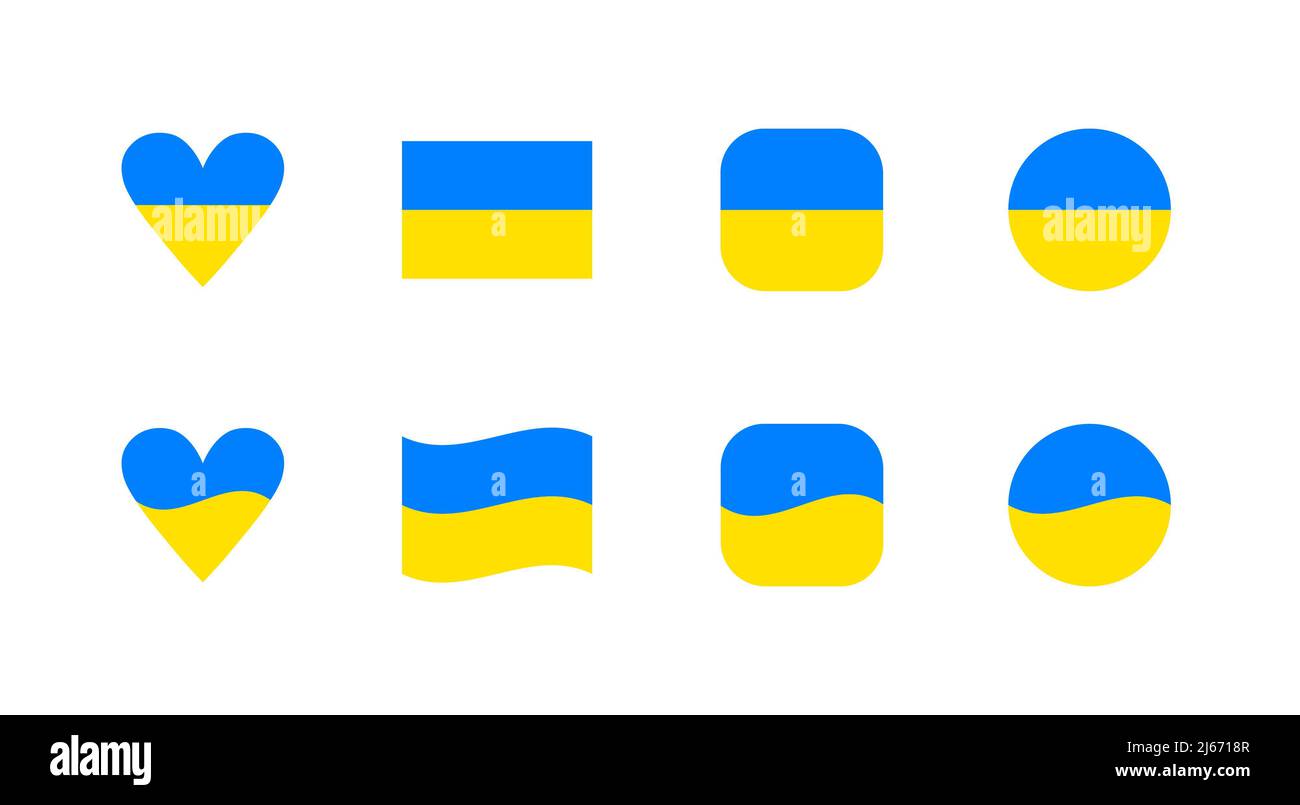 Ukrainisches Flaggensymbol in Form von Herz, quadratischen und runden Formen. Stockfoto