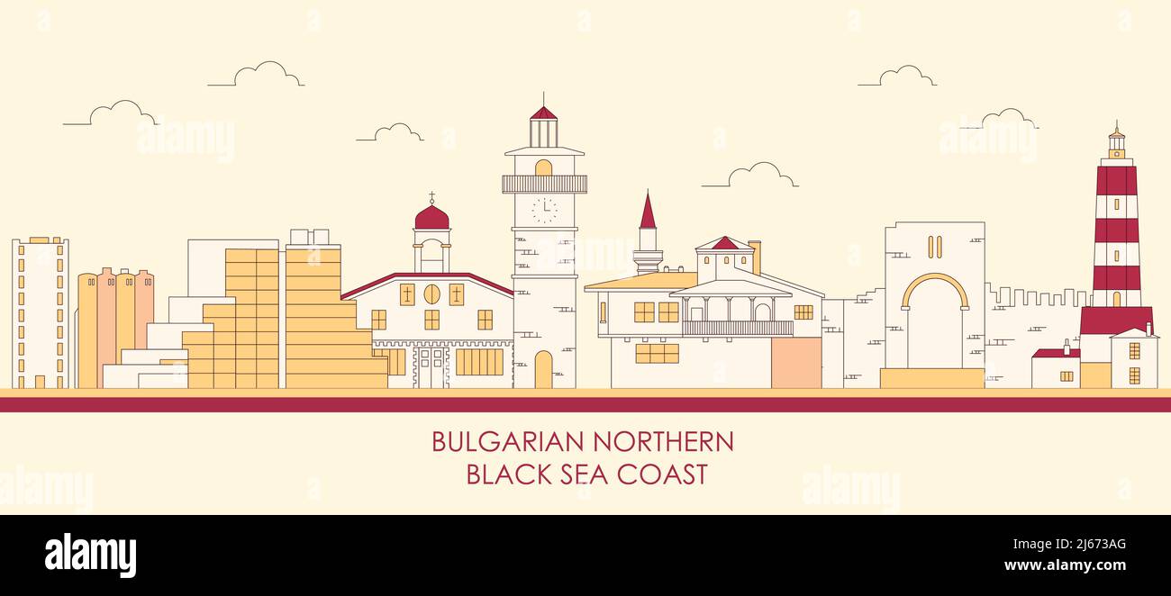 Cartoon Skyline Panorama der bulgarischen nördlichen Schwarzmeerküste - Vektor-Illustration Stock Vektor