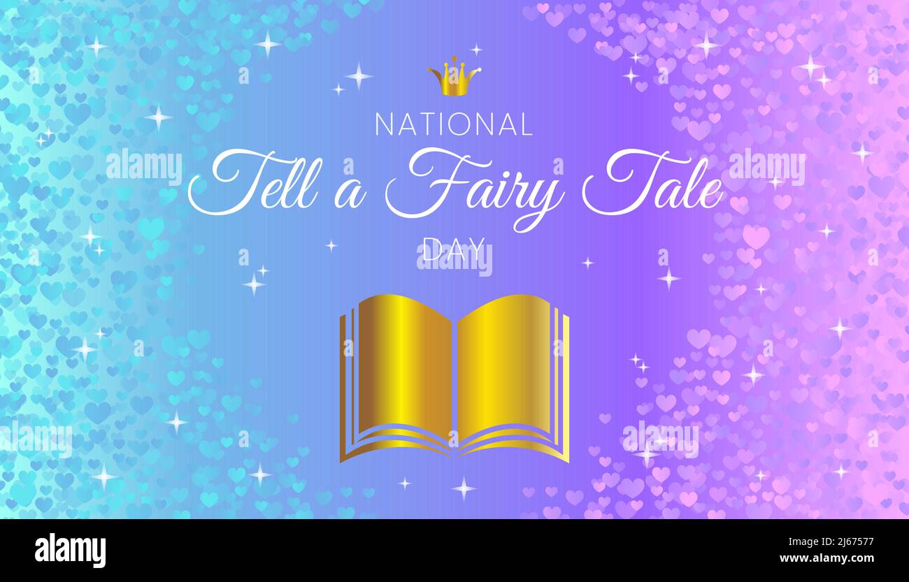 National Tell a Fairy Tale Day Hintergrundillustration in Blau und Lila Farbe und Gold Buch Stock Vektor