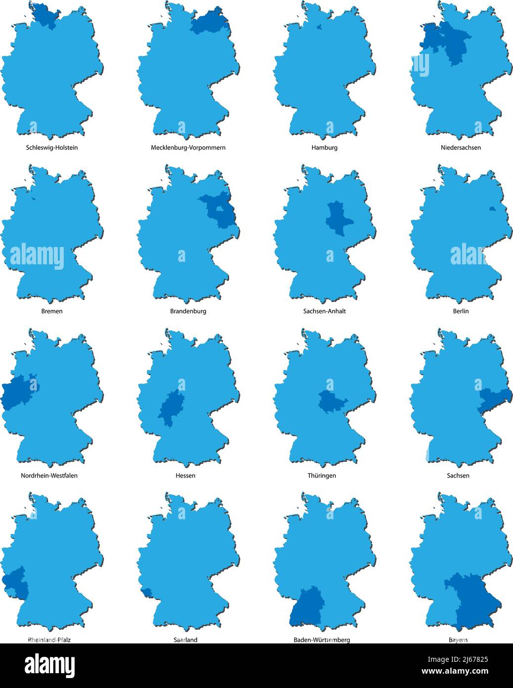 Karten von Deutschland mit jeweils 16 einzelnen Bundesländern hervorgehoben, Vektorgrafik Stock Vektor