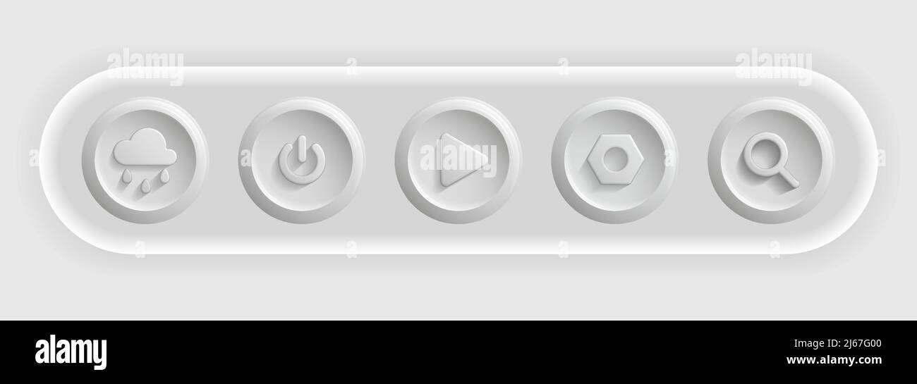 Anwendungssymbole für die gesamte weiße Benutzeroberfläche. Set aus Wetter-, ein-/aus-, Wiedergabe-, Einstellungen- und Suchschaltflächen. Vektorgrafik Stock Vektor