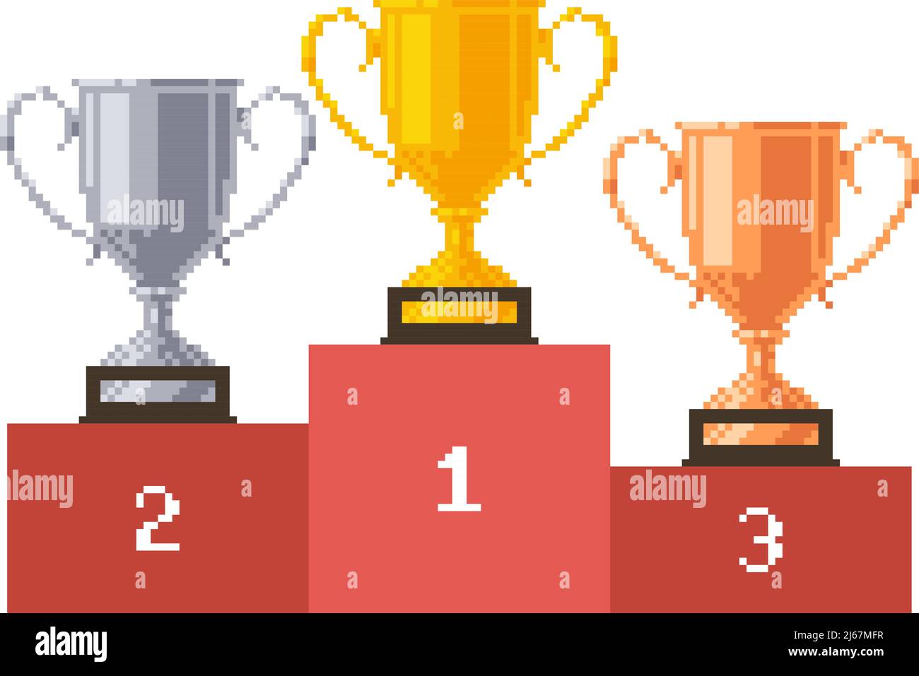 Pixel Podium mit Pokalpokalen und Medaillen. Vektorgrafik. Stock Vektor