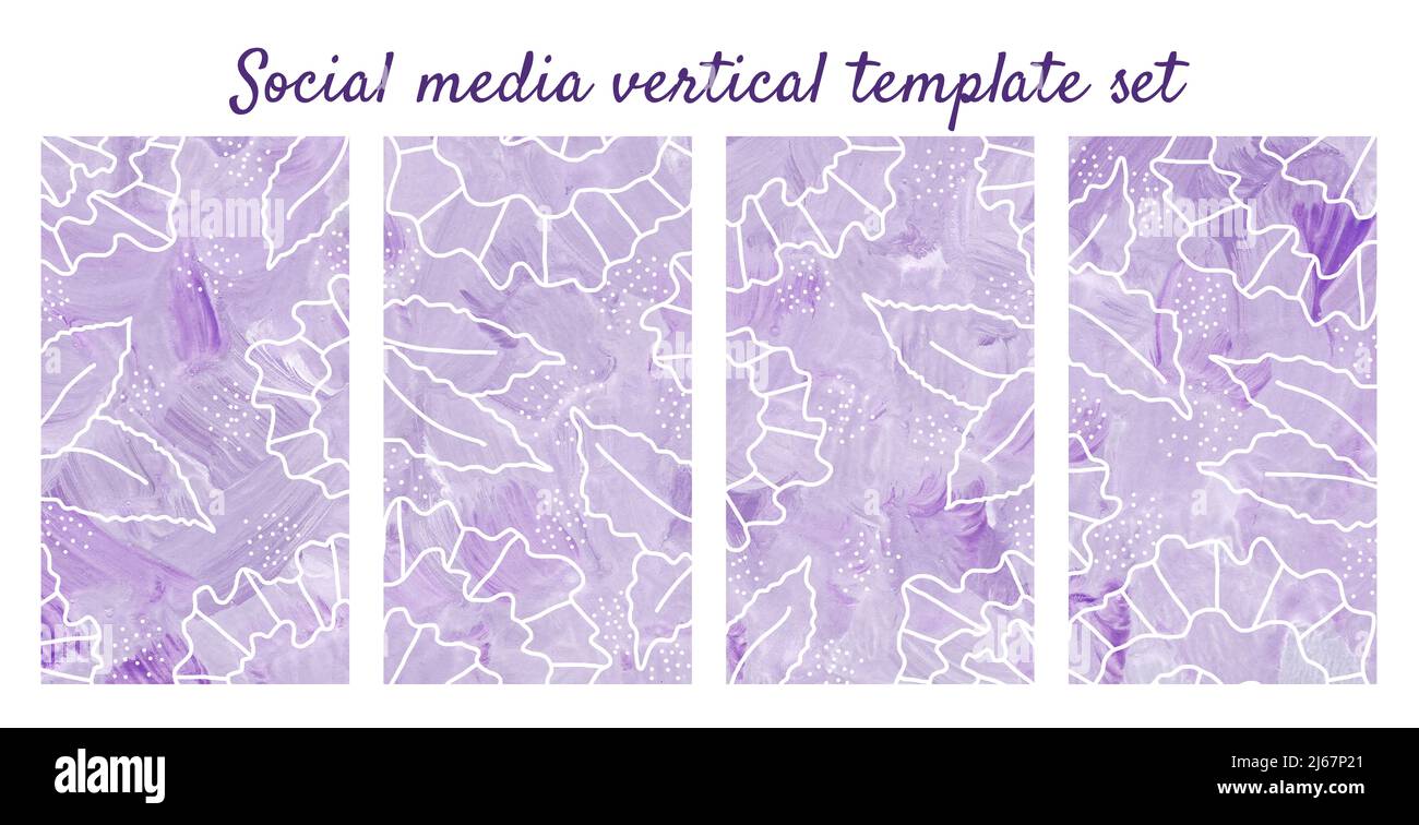 Vorlagen für florale Social-Media-Geschichten. Vertikal gemalter Hintergrund in Pastelllila und weiß. Kontrastblumen auf strukturiertem Papier. Handbemalter verti Stockfoto