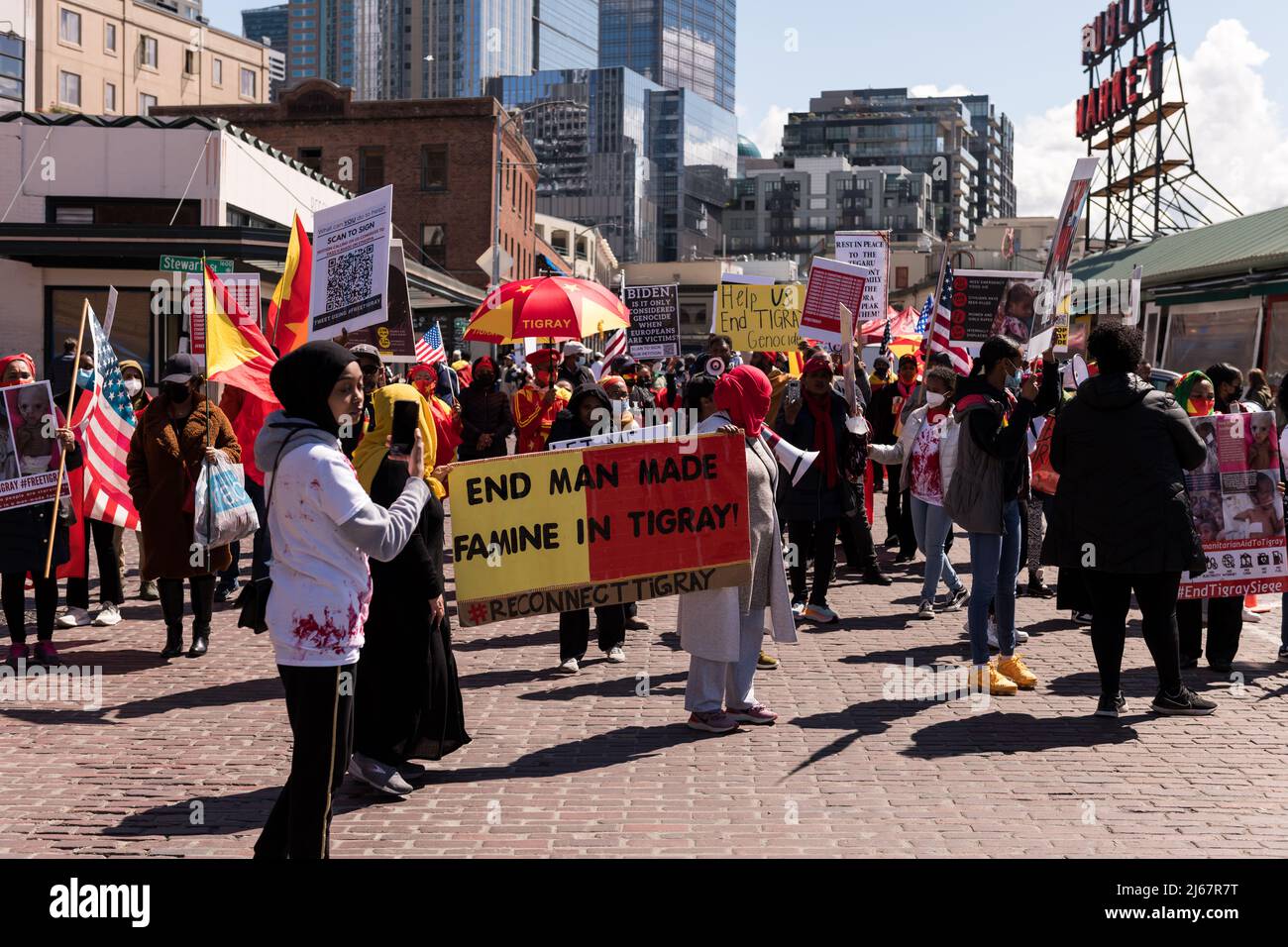 Seattle, USA, 22.. April, Bilder vom Protest der Tigray während des Besuches von Präsident Biden. Stockfoto