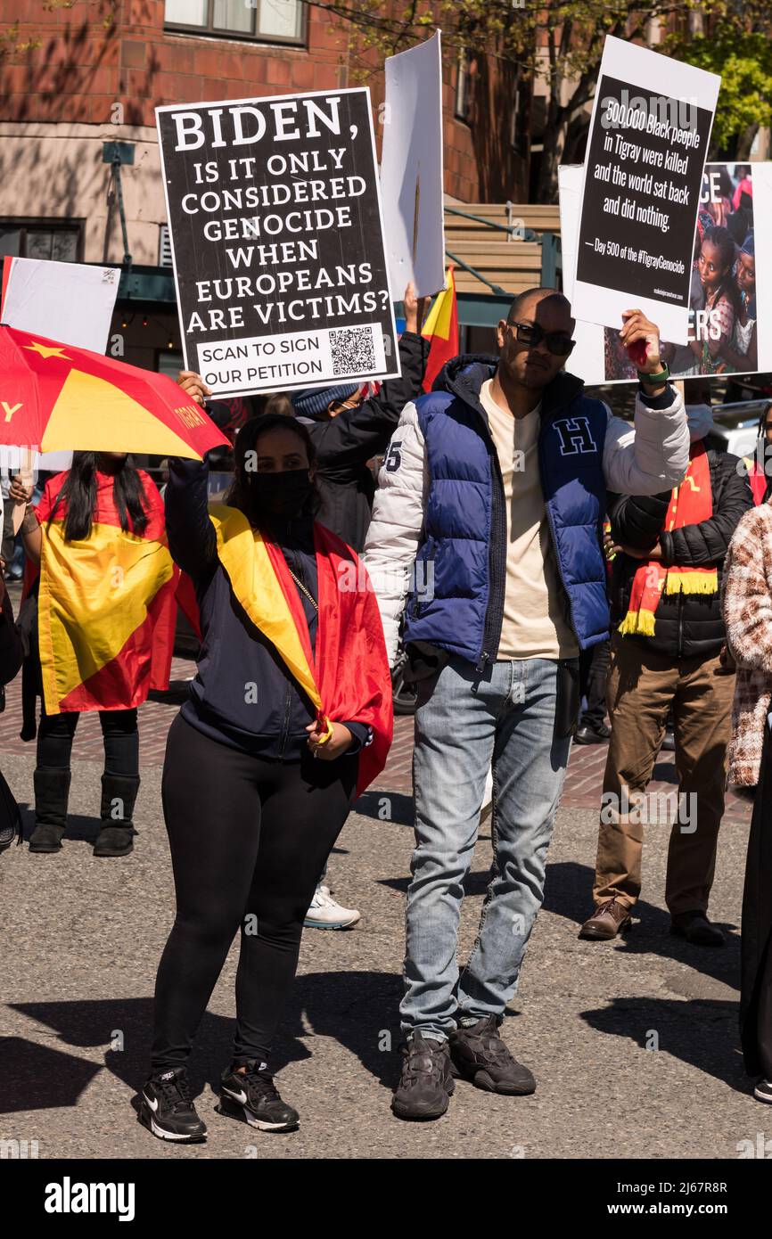 Seattle, USA, 22.. April, Bilder vom Protest der Tigray während des Besuches von Präsident Biden. Stockfoto