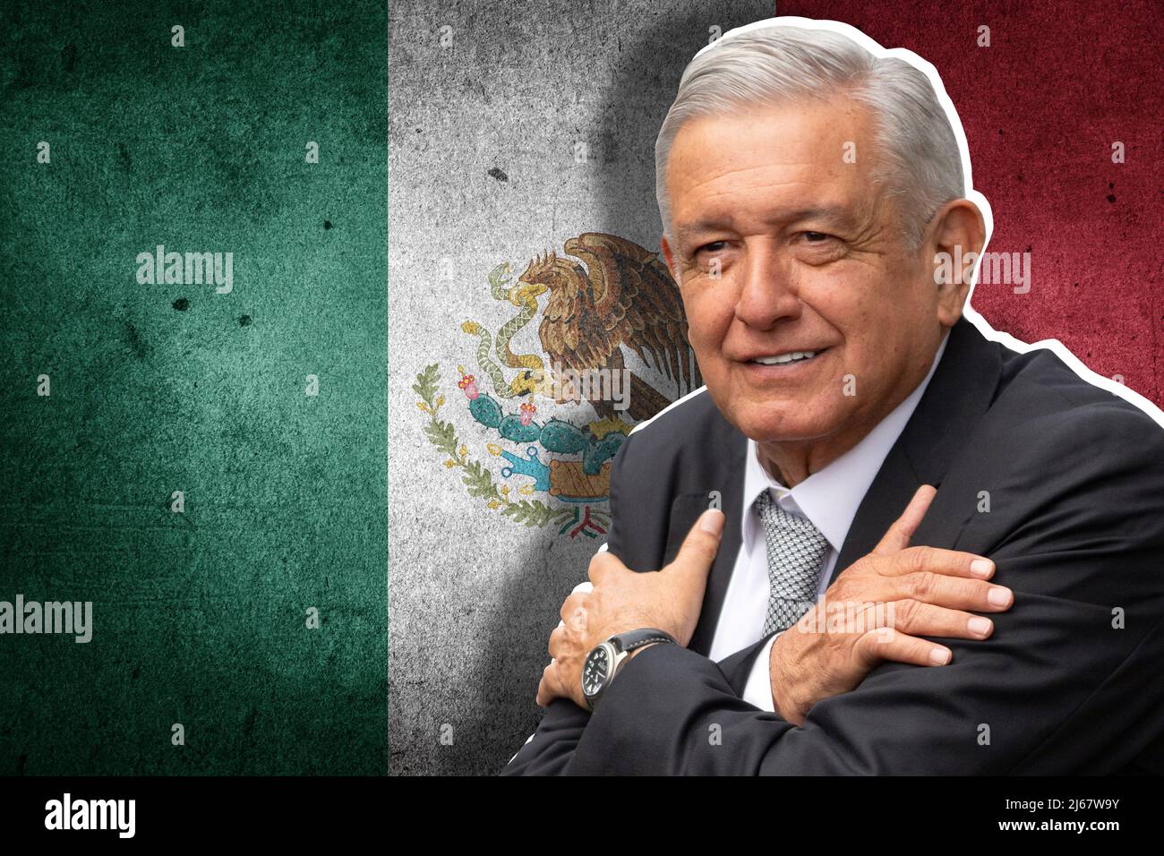 Andrés Manuel López Obrador (AMLO) und Flagge Mexikos Stockfoto