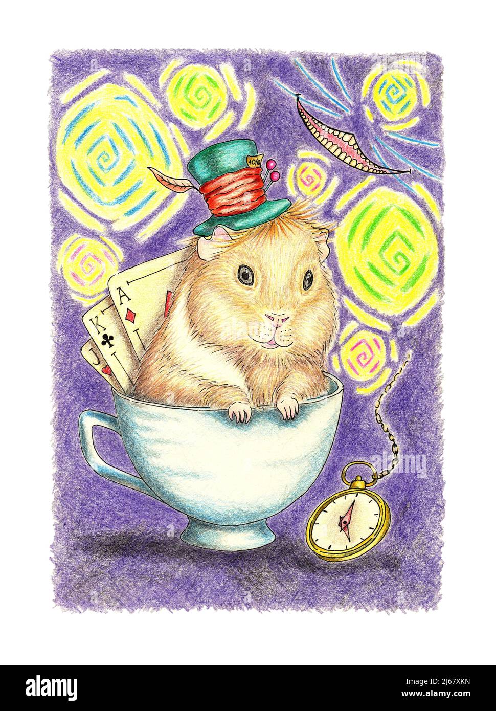 Lustiges Meerschweinchen in Wunderland Illustration mit Buntstiften. Er eignet sich perfekt für Postkarten, Poster, Banner, Einladungen, Grußkarten, Ausdrucke. I Stockfoto