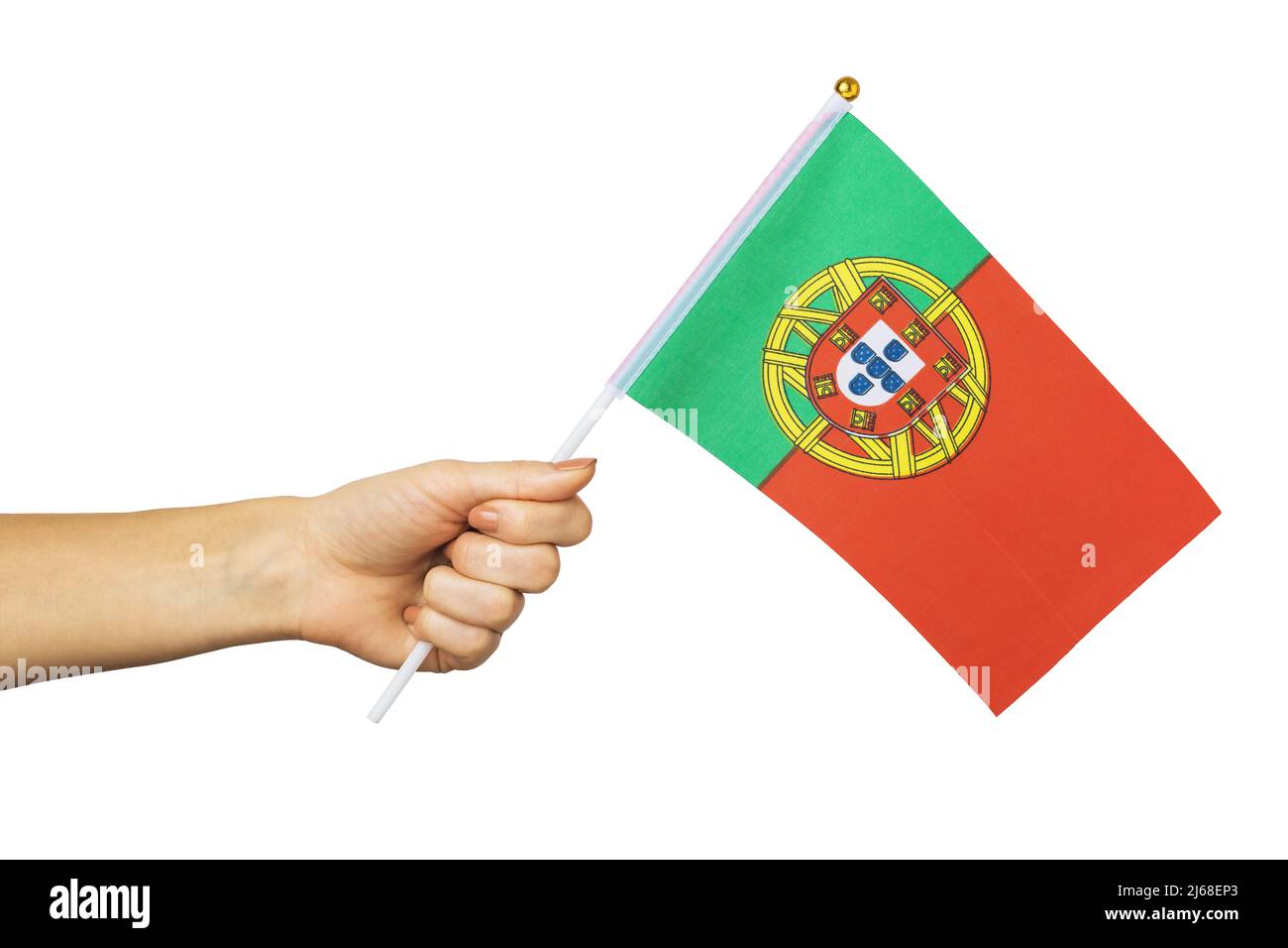 Hand hält Portugal Flagge isoliert auf weißem Hintergrund, Vorlage für Designer Stockfoto