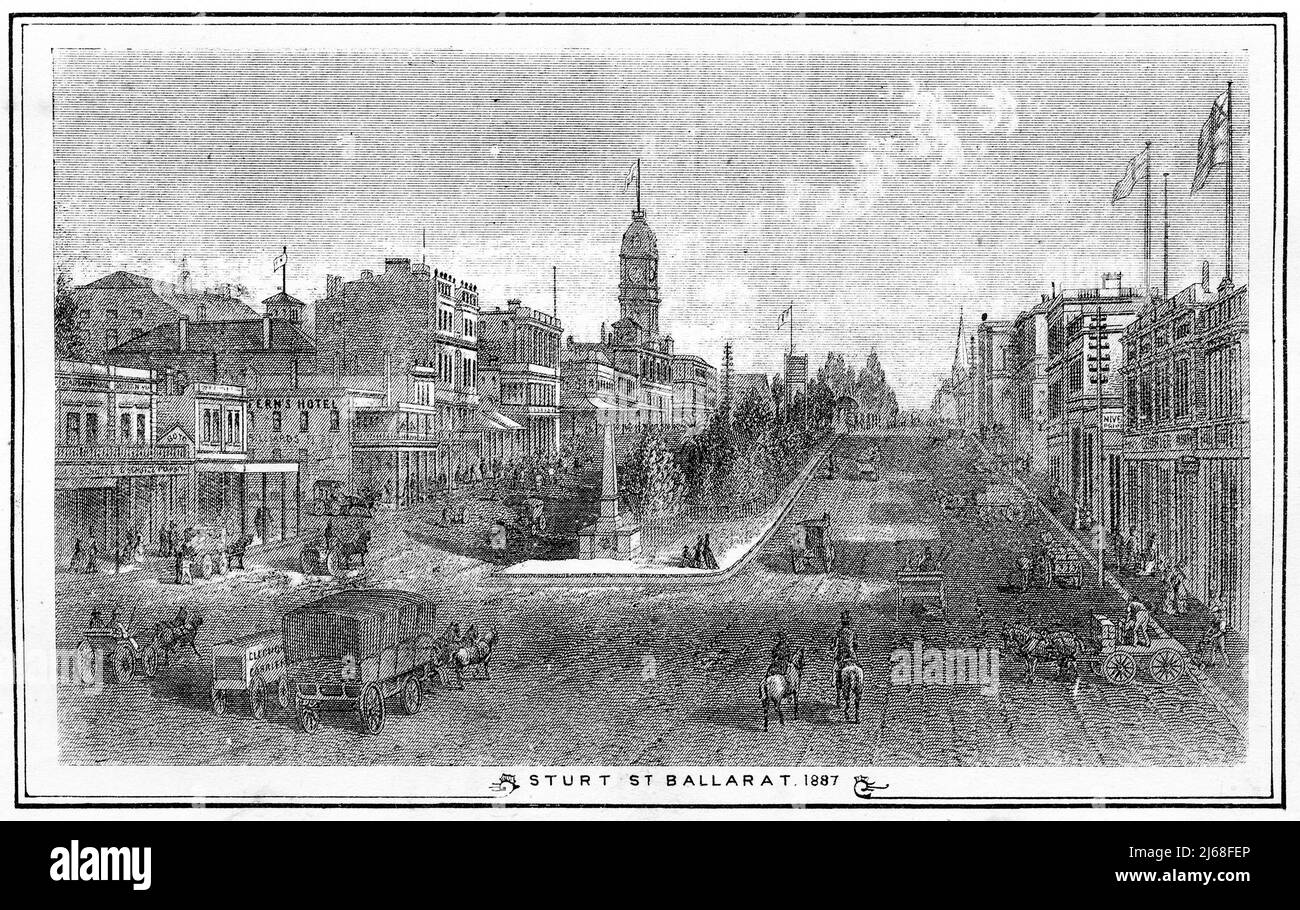 Gravur der Sturt Street in Ballarat, Victoria, Australien, 1887, nachdem die Goldrushen sie zu einer wohlhabenden Stadt gemacht hatten. Stockfoto