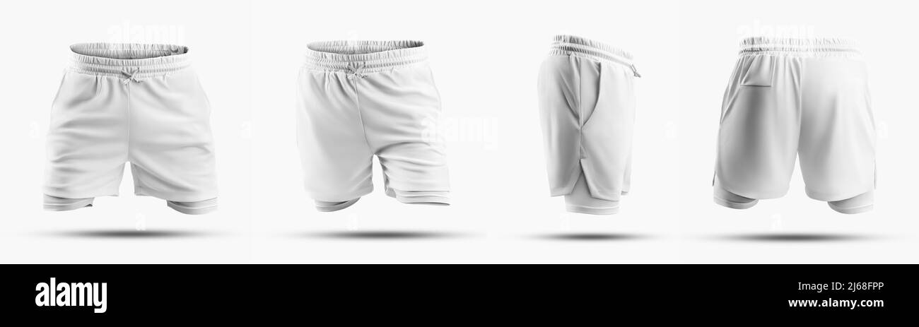 Set Mockup aus weißen lockeren Shorts mit Unterhose Kompressionslinie, Bindegürtel, Sportswear, 3D Rendering, isoliert auf dem Hintergrund. Texturierte Laufshorts Stockfoto