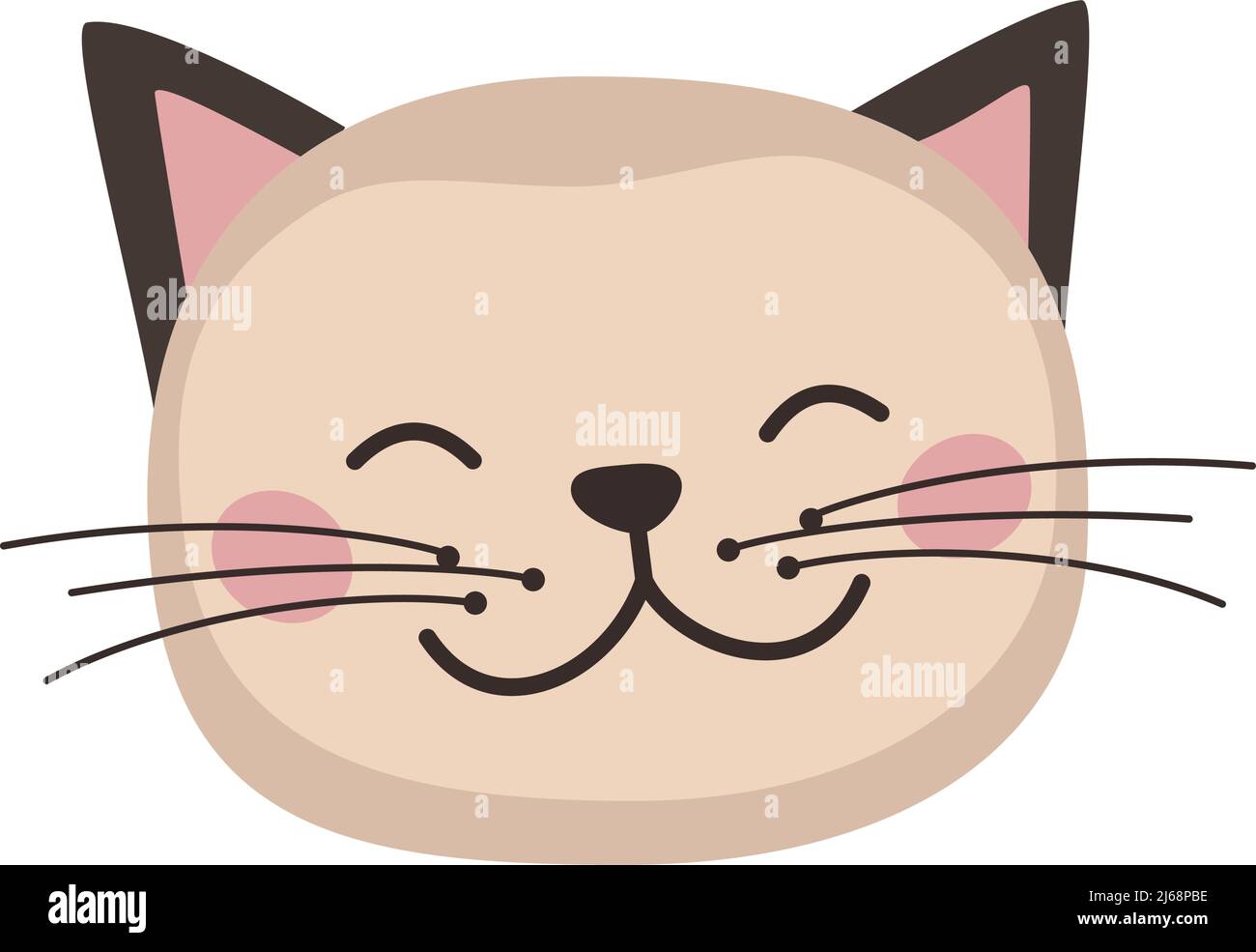 Kopf der niedlichen Katze in kindlichem Stil mit lächelnd Schnauze und Augen. Lustiges Haustier mit glücklichen Gesicht. Vektorgrafik flache Illustration für Feiertage Stock Vektor