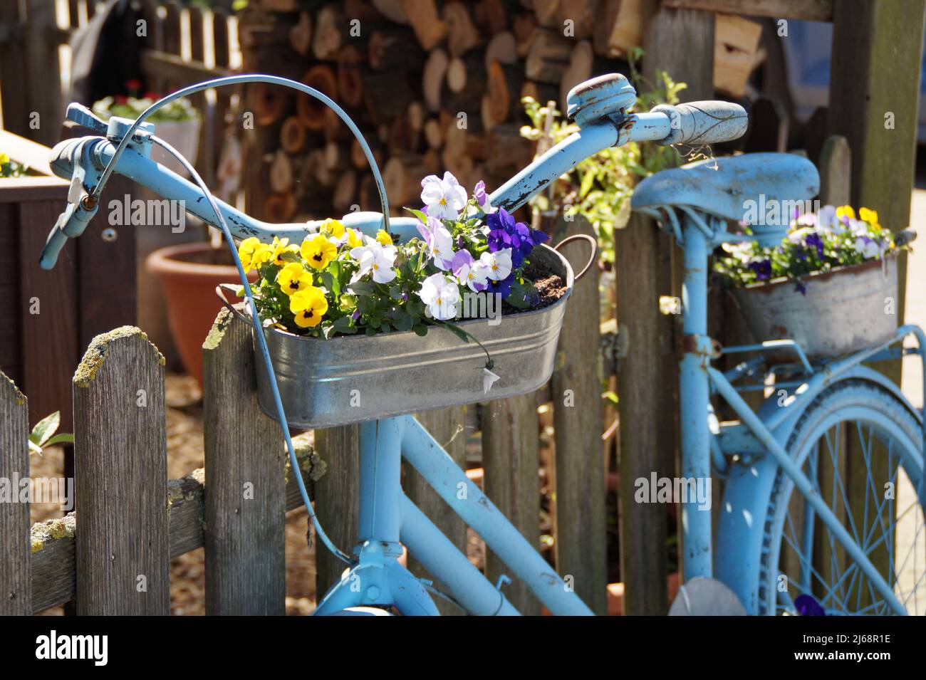 Rostig vintage blau Fahrrad mit Blumen Stockfoto
