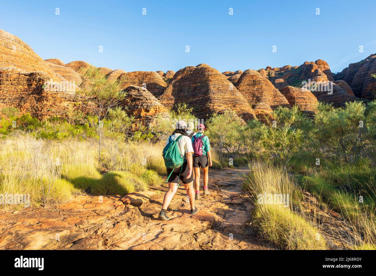 Touristen auf einem Wanderweg im Purnululu National Park oder Bungle Bungles, einem UNESCO-Weltkulturerbe in der Kimberley, Western Australia, WA, Australien Stockfoto