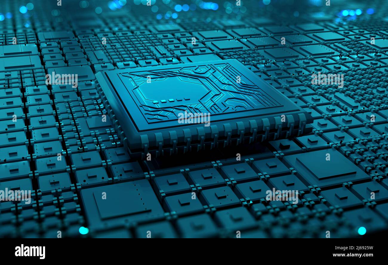 Futuristischer Prozessor, CPU 3D-Abbildung. Ein Quantencomputer ist ein globales digitales Netzwerk. Verarbeitung und Speicherung von Big Data im modernen Cyberspace Stockfoto