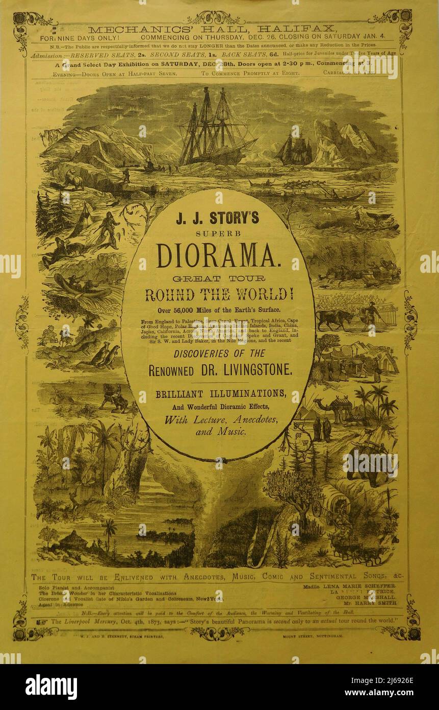 Poster / großer Handbill für J.J. STORY'S DIORAMA IST EINE GROSSARTIGE TOUR UM DIE WELT, einschließlich der jüngsten Entdeckungen der renommierten DR. LIVINGSTONE mit Brillanten Illuminationen und wunderbaren dioramen Effekten mit Vortrag, Anekdoten und Musik von Donnerstag, 26. 1878. Dezember bis Samstag, 4. 1979. Januar in der Mechanics' Hall Halifax West Yorkshire England Stockfoto