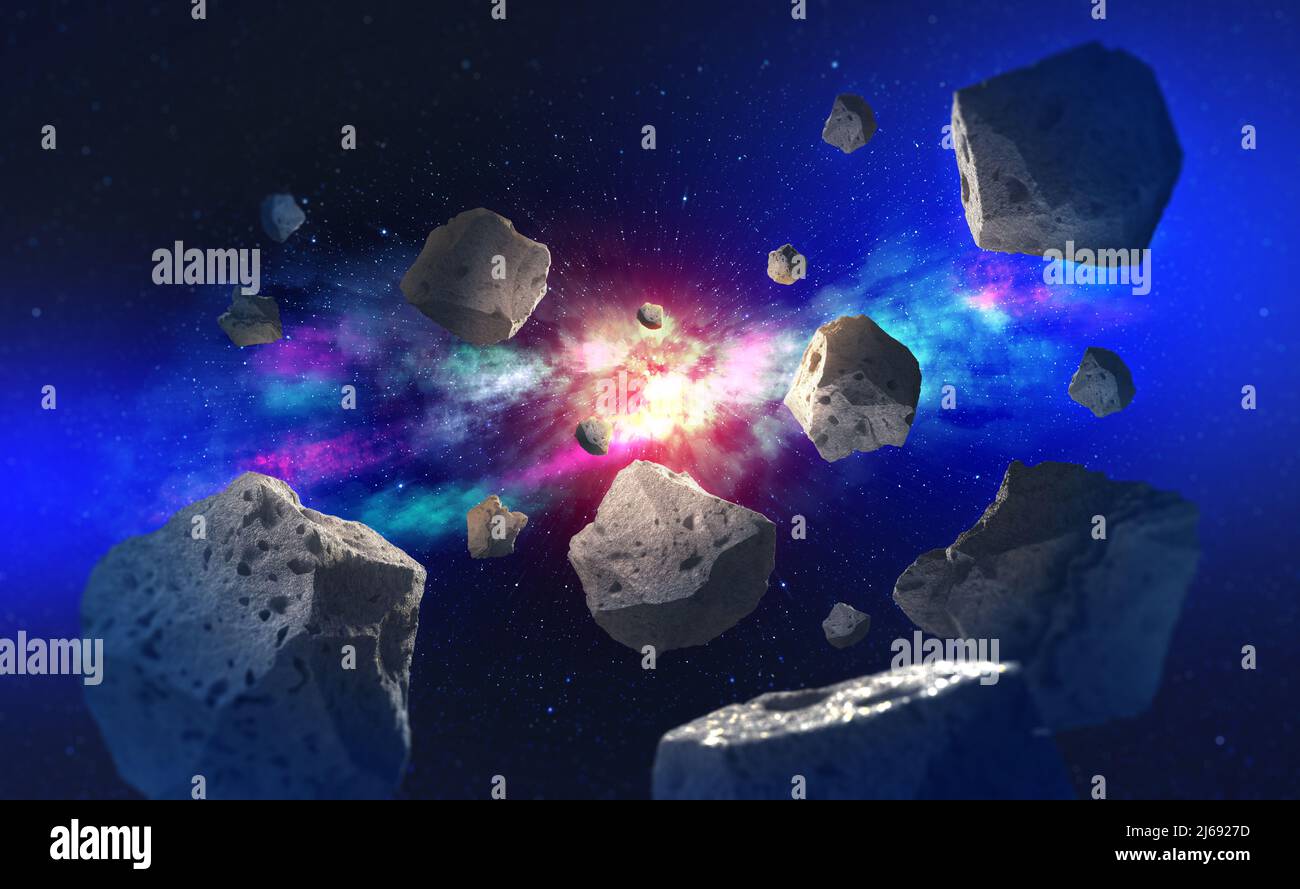 Fliegende Aeroide im Weltraum. Big Bang und Meteorschauer. Galaxy und Star Trek 3D Illustration Stockfoto