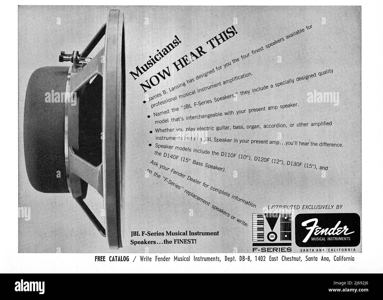 Eine Anzeige eines Musikmagazins aus dem Jahr 1966 für Fender-Musikinstrumentenverstärker und ihre JBL Lautsprecher der F-Serie. Stockfoto