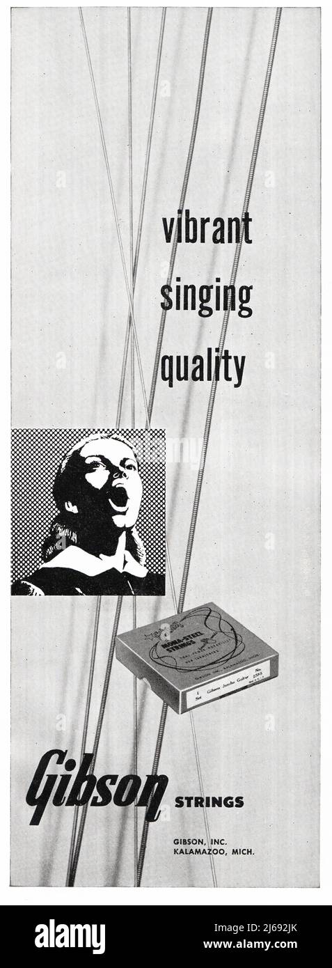 Eine Anzeige für Gibson Gitarrensaiten aus einem Musikmagazin aus dem Jahr 1955. Stockfoto