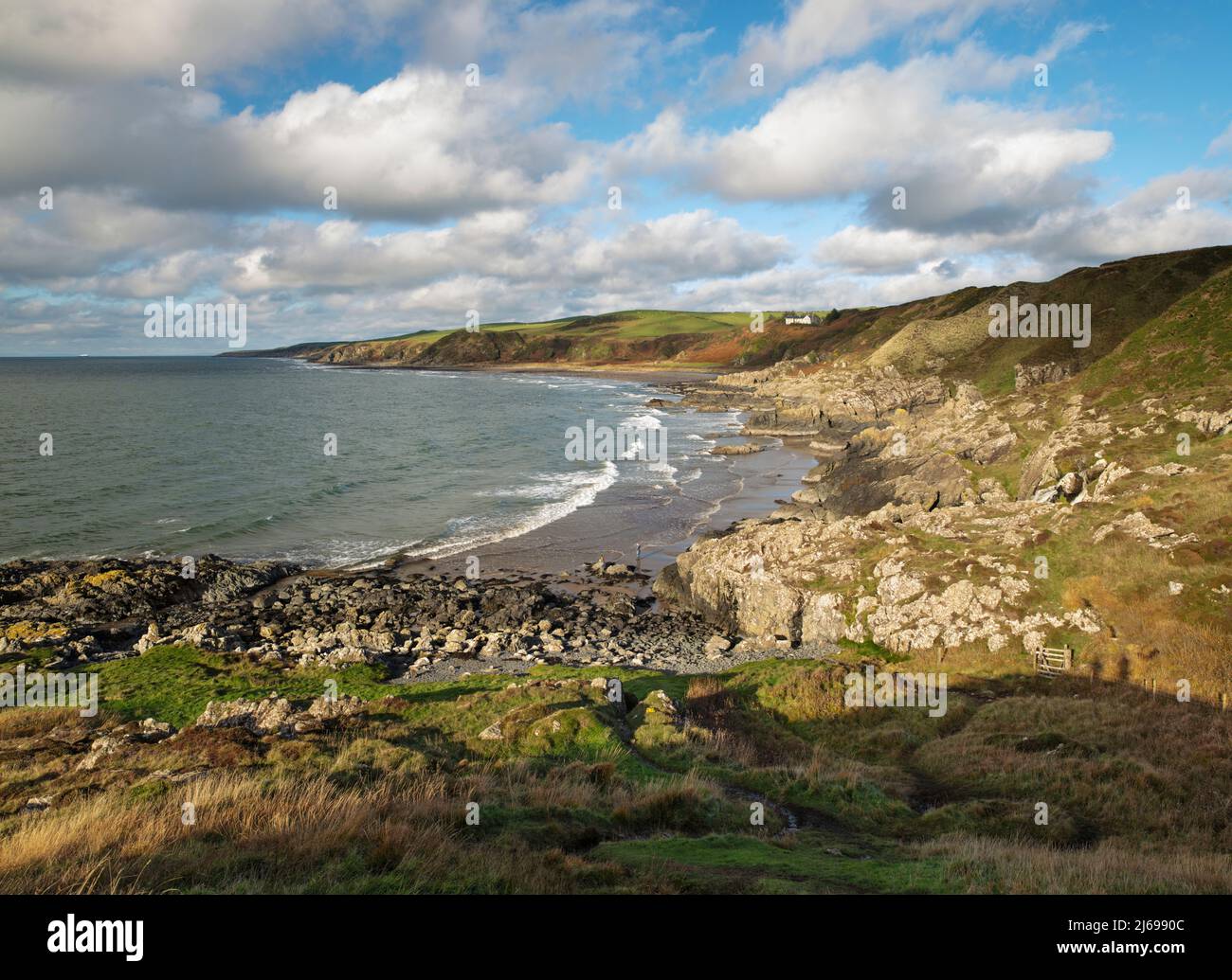Zerklüftete Küste und Strand in Killantringan Bay, Portpatrick, Dumfries und Galloway, Schottland, Vereinigtes Königreich, Europa Stockfoto