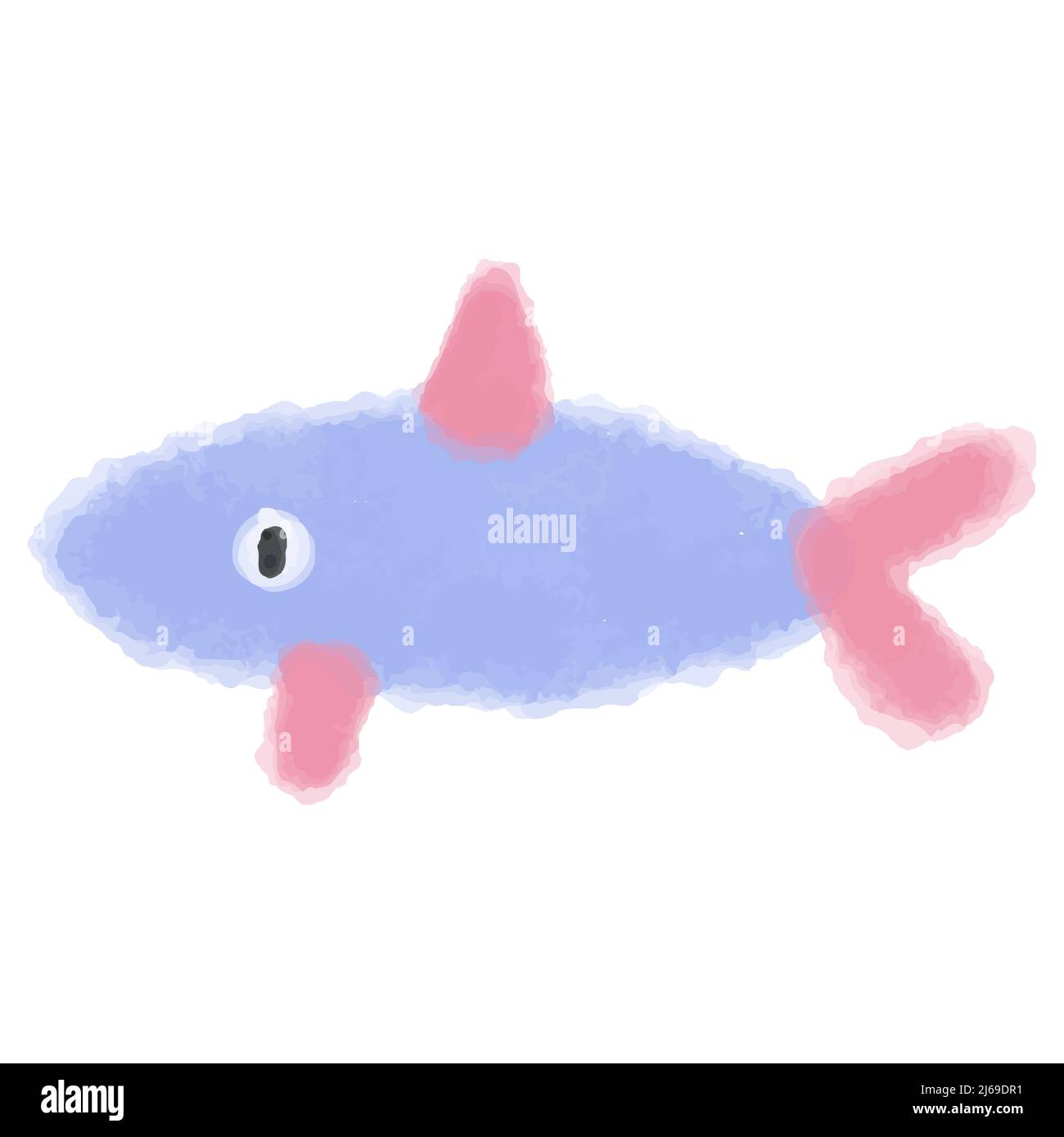 Vector Shark in blauem Aquarell mit rosa Flossen gemalt. Abstrakte Illustration der Unterwasserwelt von Hand gezeichnet. Stock Vektor
