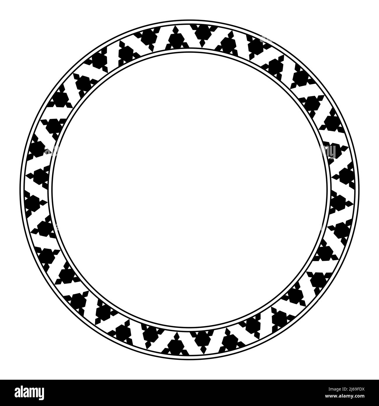 Gezahntes Dreiecksmuster in einem Kreisrahmen. Schwarze Dreiecke, abwechselnd angeordnet, mit ausgeschnittenen Bereichen, ergeben ein gezacktes Muster. Stockfoto