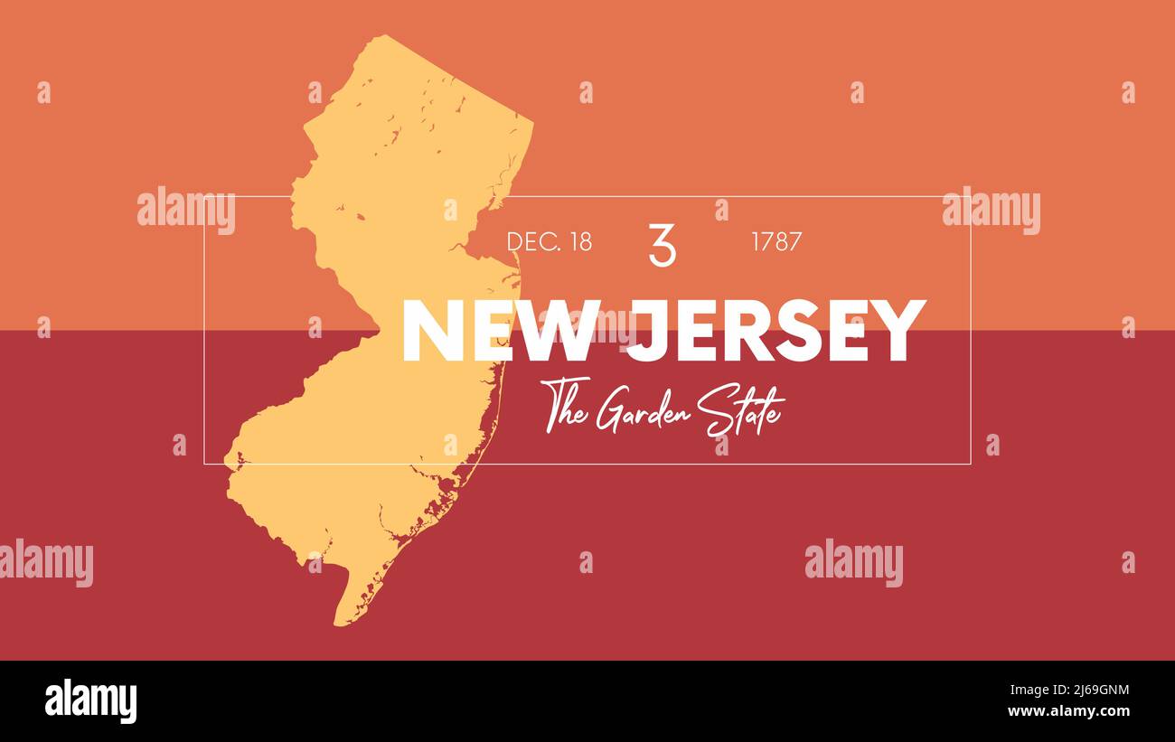 3 von 50 Staaten der Vereinigten Staaten mit einem Namen, Spitznamen und Datum der Aufnahme in die Union, detaillierte Vector New Jersey Karte für den Druck von Plakaten, postca Stock Vektor